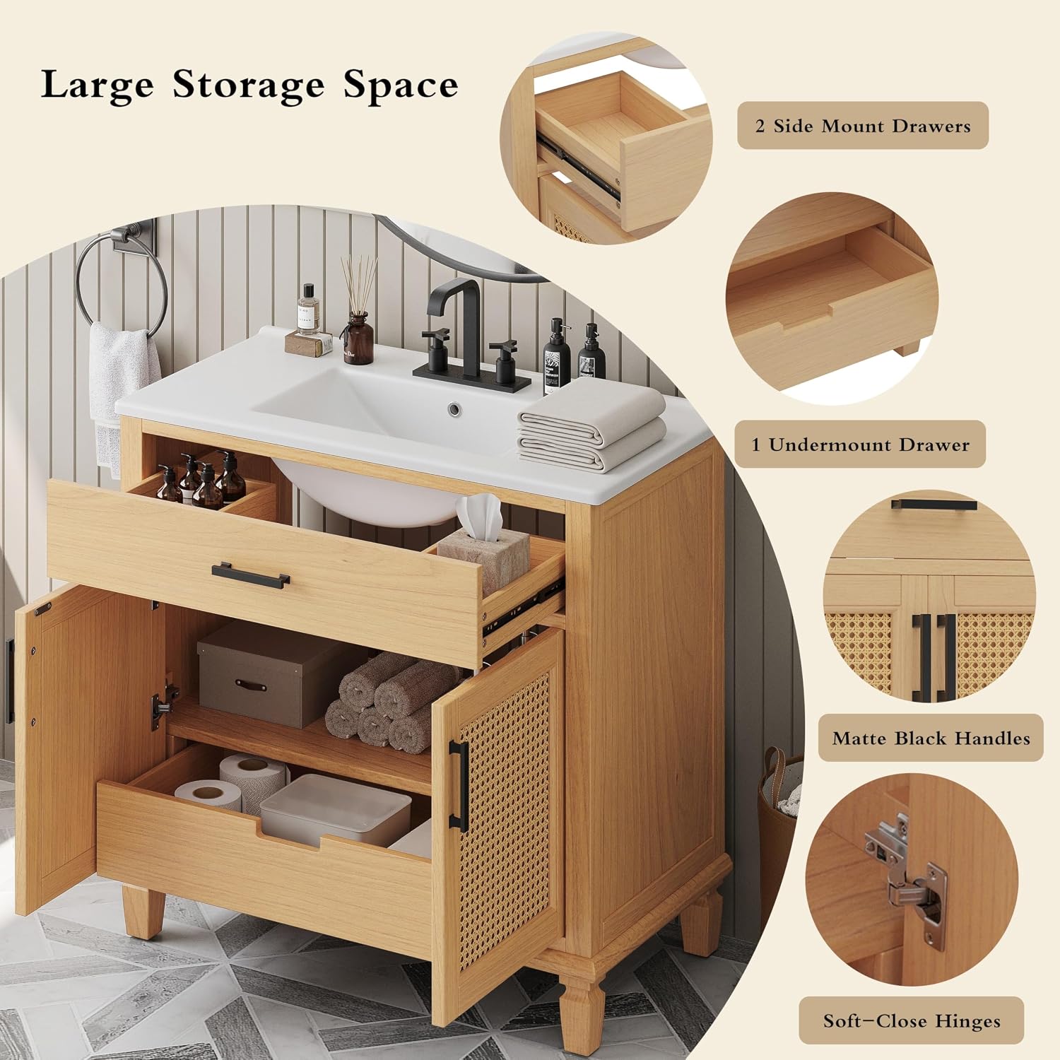 36' Rattan Bathroom Vanity with Sink, Bathroom Vanities with Soft Close Doors & Drawers, Freestanding Bathroom Sink Cabinet with Solid Wood Legs & Large Space Storage, Modern Vanity, Natural