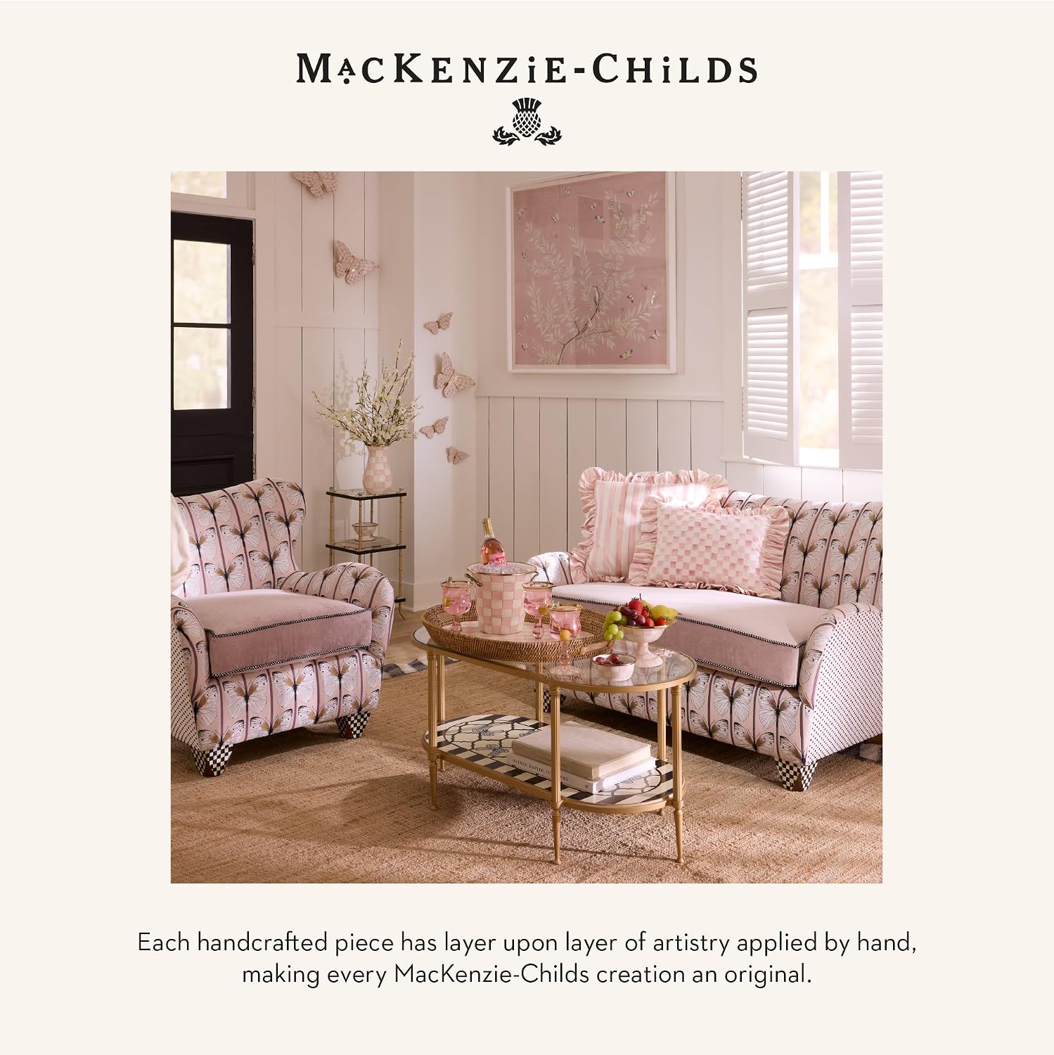 MACKENZIE-CHILDS Candlestick Lamp, Decorative Lamp for Living Room or Bedroom, Pink-and-White Rosy Check