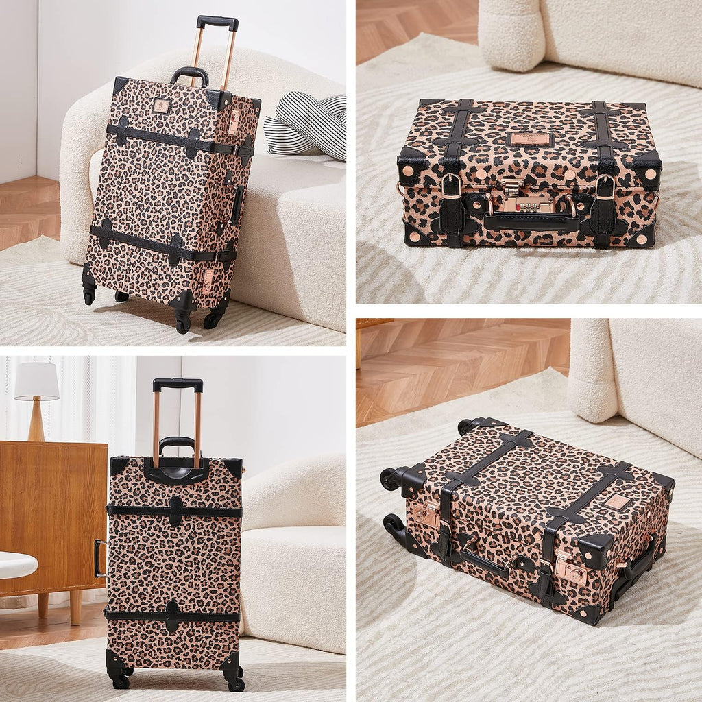 Unitravel 2 Piece Vintage Suitcase Set, 26' Women Cute Travel Luggage with 12' Handbag, Hardside Faux Leather Spinner Trunk with TSA Lock (Leopard)