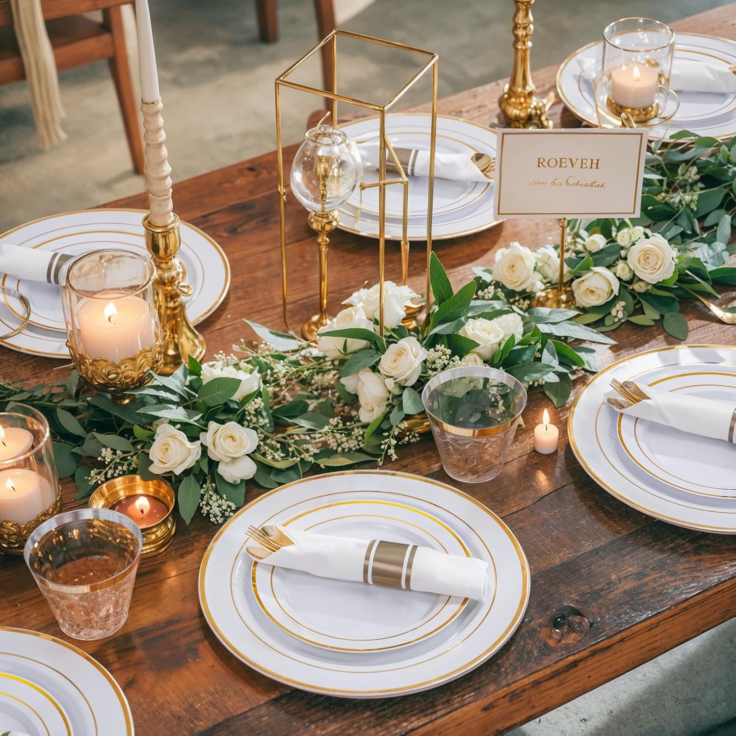 WELLIFE 700 Pcs Gold Plastic Plates for 100 Guests - Disposable Dinnerware Set,Party Supplies Includes 200 Gold Plates,300 Plastic Silverware,100 Napkins,100 Cups for Party and Wedding