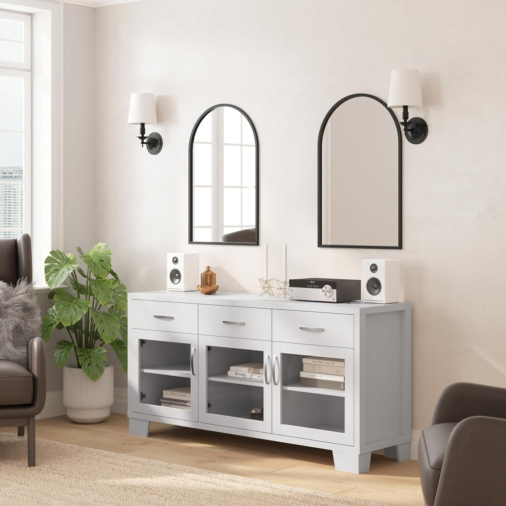 Flash Furniture Wells Modern Buffet Sideboard Storage Cabinet, Engineered Wood Construction, 3 Tempered Glass Soft Close Doors, 3 Drawers, 59', White