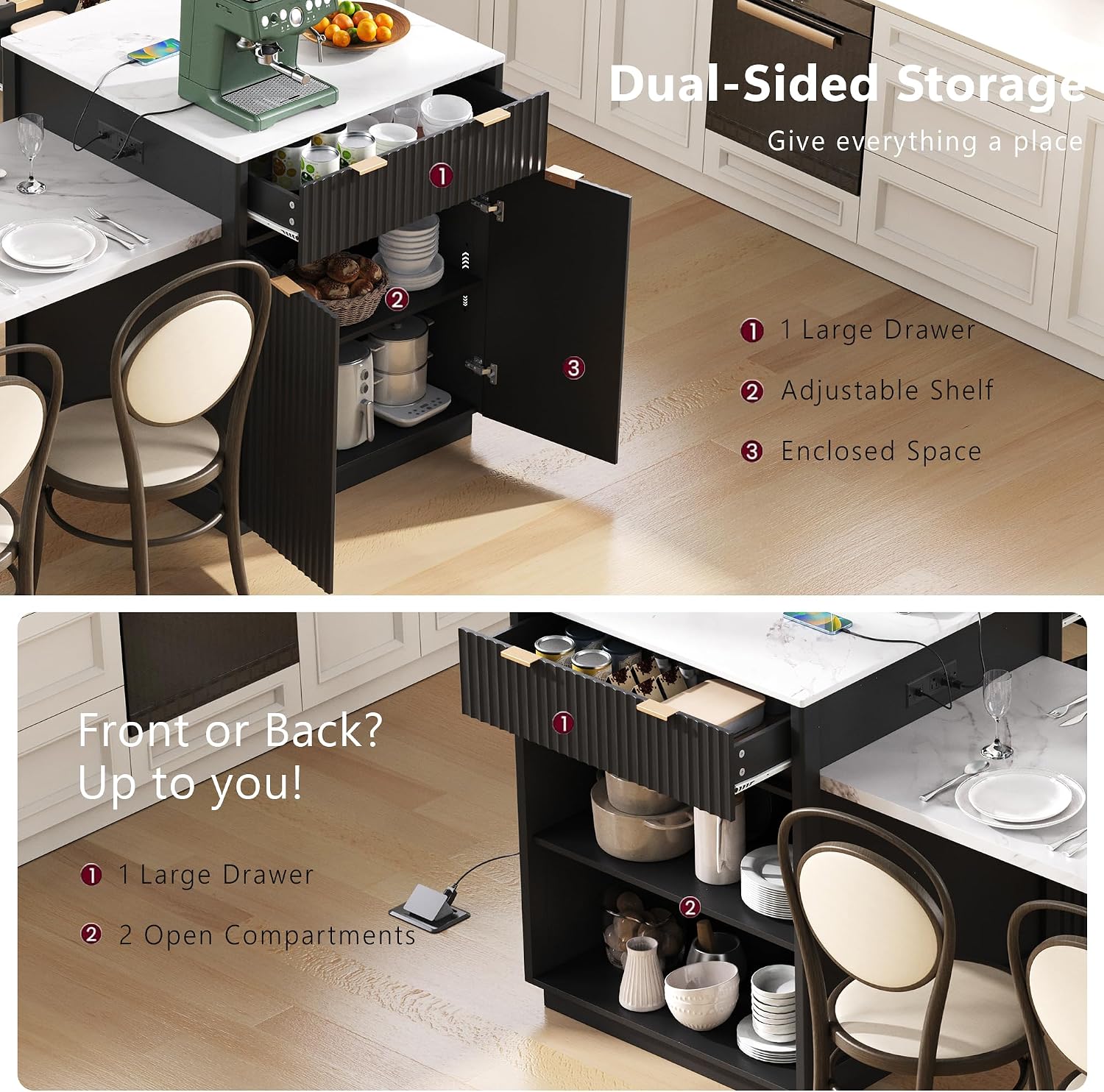 RUNNA 82.6' Fluted Kitchen Island with Extendable Dining Table for 4-6,Island Table for Kitchen with Power Outlet, Kitchen Table with Double-Side Storage, 2 Drawers 2 Side Open Shelves (Black#18)