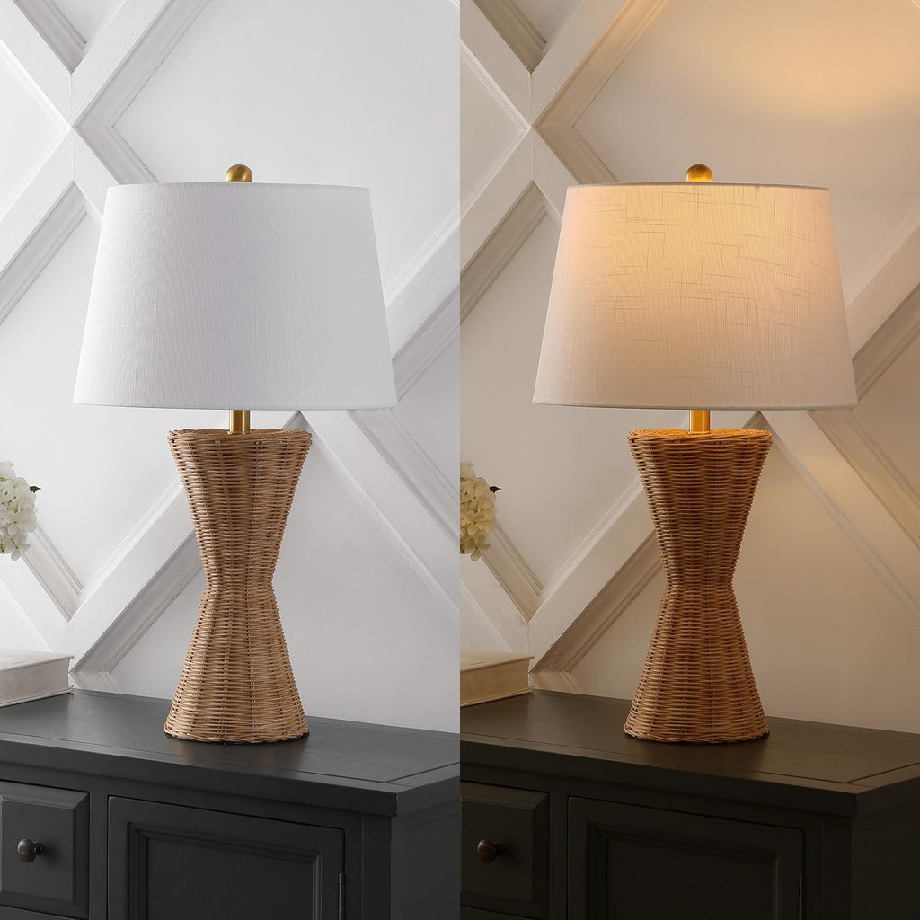 JONATHAN Y 27' Natural Woven Rattan Hourglass Table Lamp Coastal Geometric Wicker Bedside Lamp for Living Room Bedroom with White Fabric Shade Set of 2 LED Bulbs Included JYL4048A-SET2