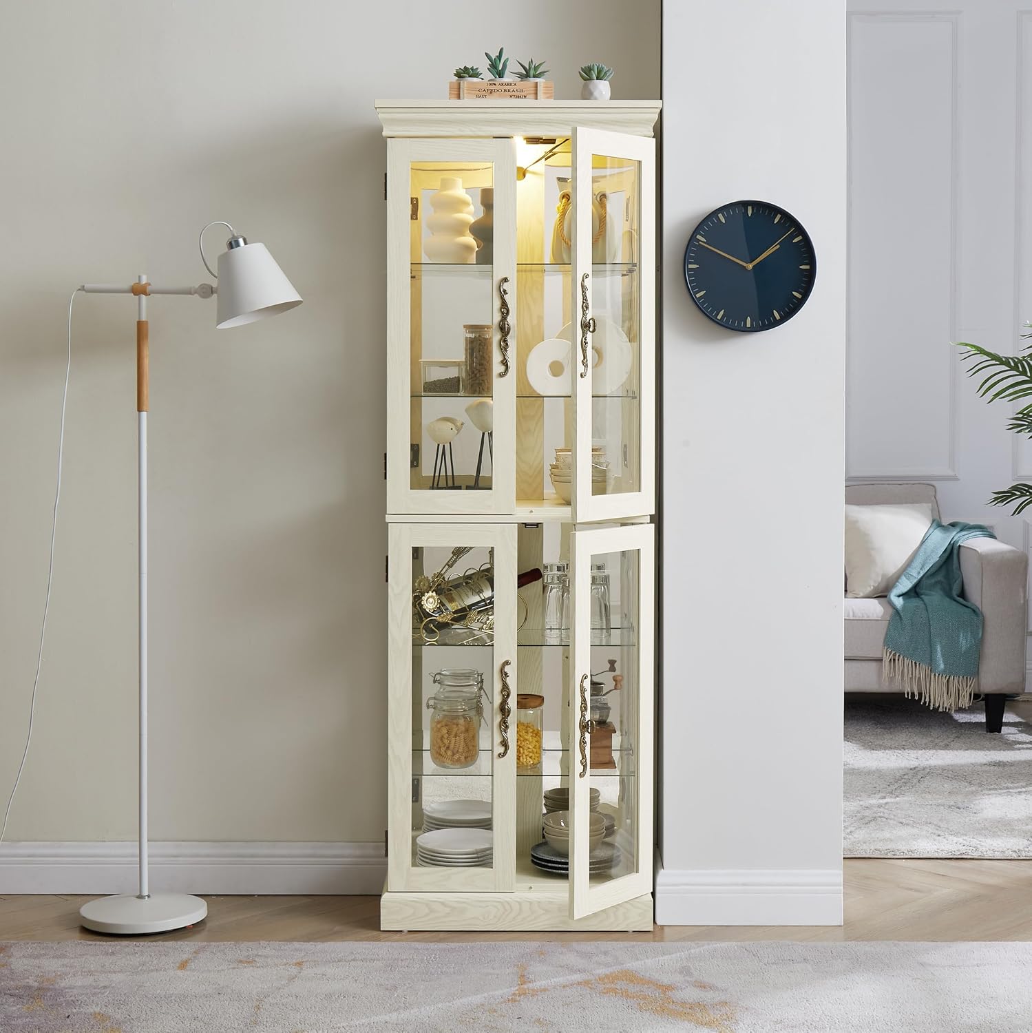 71' H Lighted Curio Cabinet Display Case, Glass Curio Cabinets with Adjustable Shelves and Tempered Glass Door, Wooden Cabinet w/Mirrored Back Pane for Living Room (Antique White)