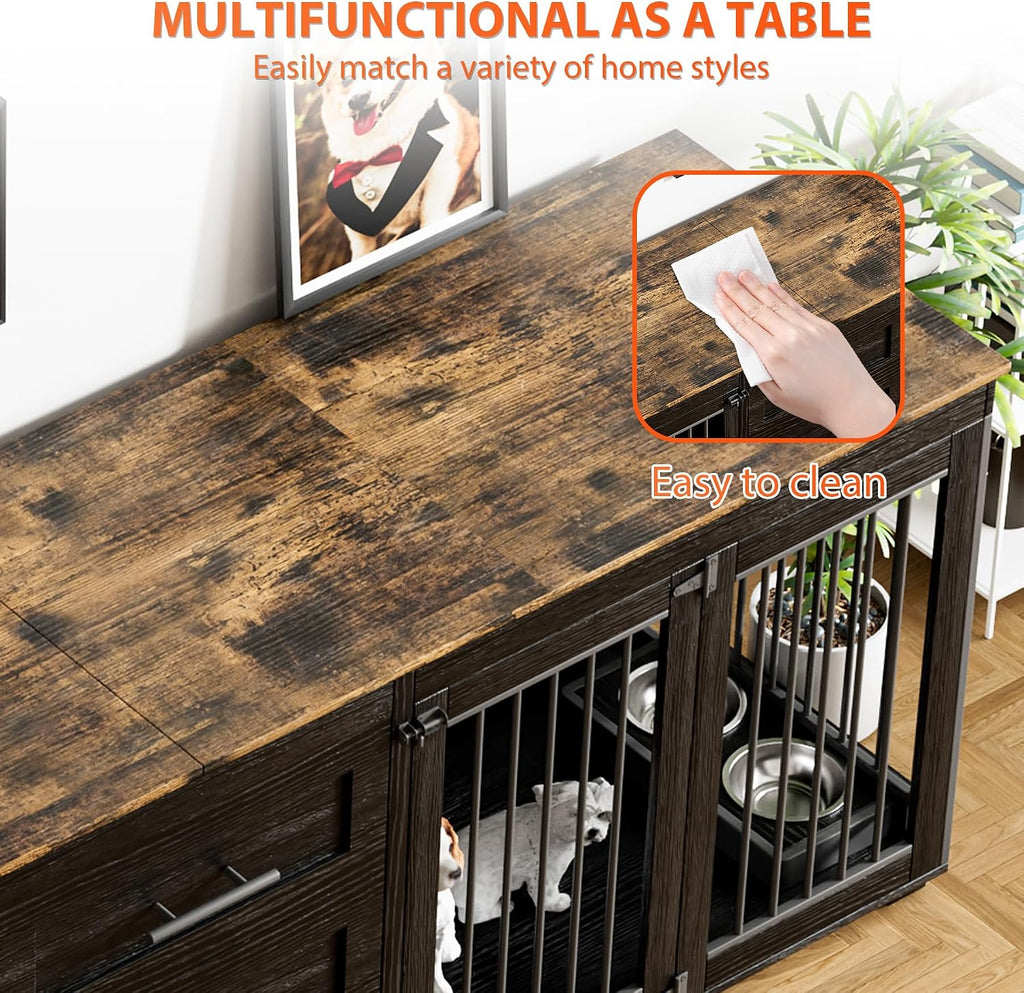 Rophefx 94.5' Dog Crate Furniture for 2 Dogs, Large Dog Kennel Furniture with 3 Storage Drawer, Wooden Dog Cage with 4 Bowls, Indoor Dog House TV Stand with Locks for Large Medium Dog, Black