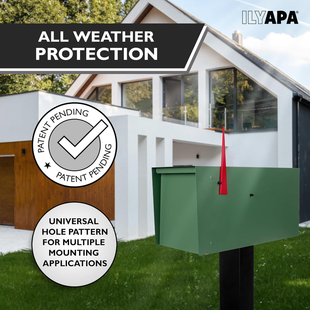 Ilyapa Modern Mailbox for Outside Post Mount - Green Powder Coated Metal Mailbox, Waterproof Letter Box for Parcels, with Recessed Magnetic Close Door