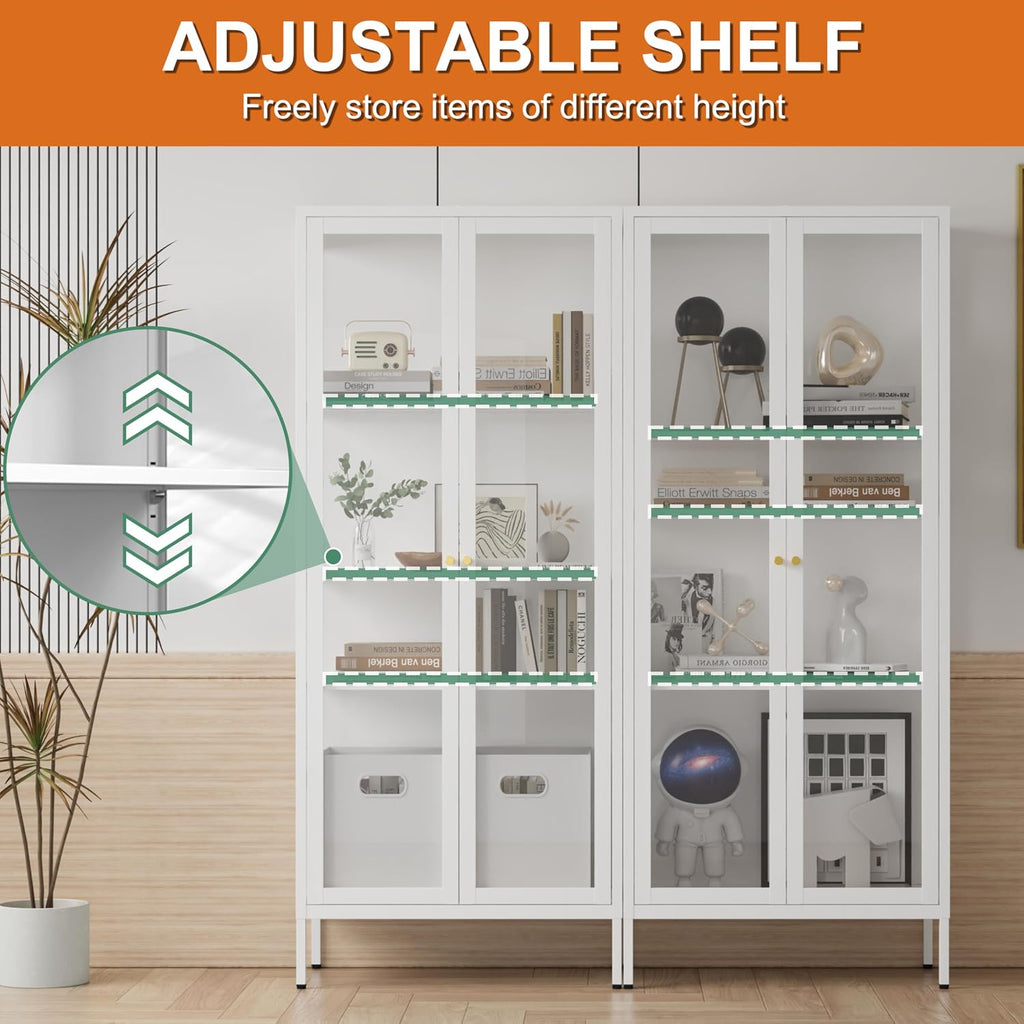 Glass Display Cabinet 4-Tier,66' H Metal Curio Cabinet with Glass Doors and 3 Adjustable Shelves,Display Case for Collectibles,Living Room (No Lights, White)