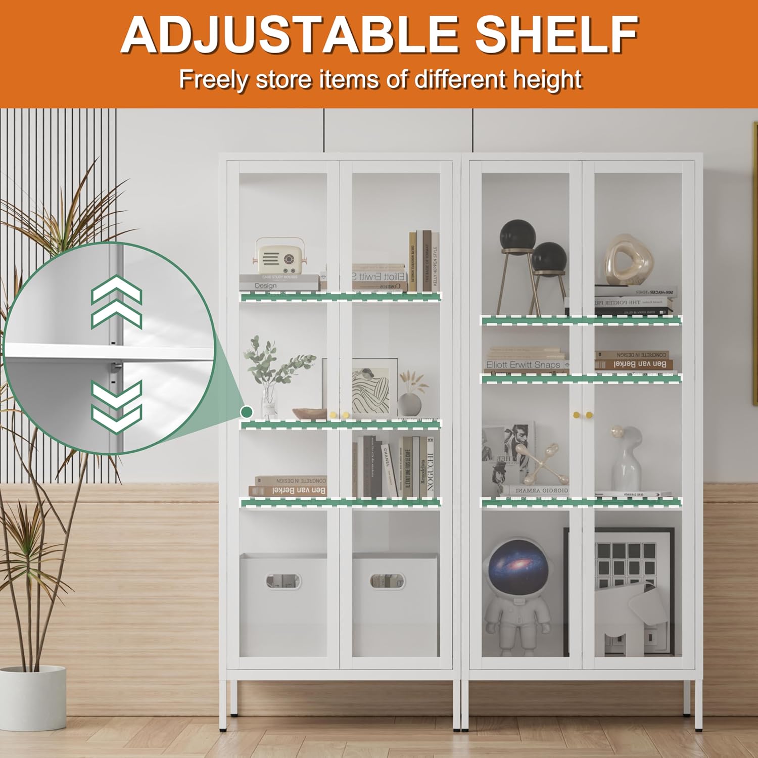 Glass Display Cabinet 4-Tier,66' H Metal Curio Cabinet with Glass Doors and 3 Adjustable Shelves,Display Case for Collectibles,Living Room (No Lights, White)
