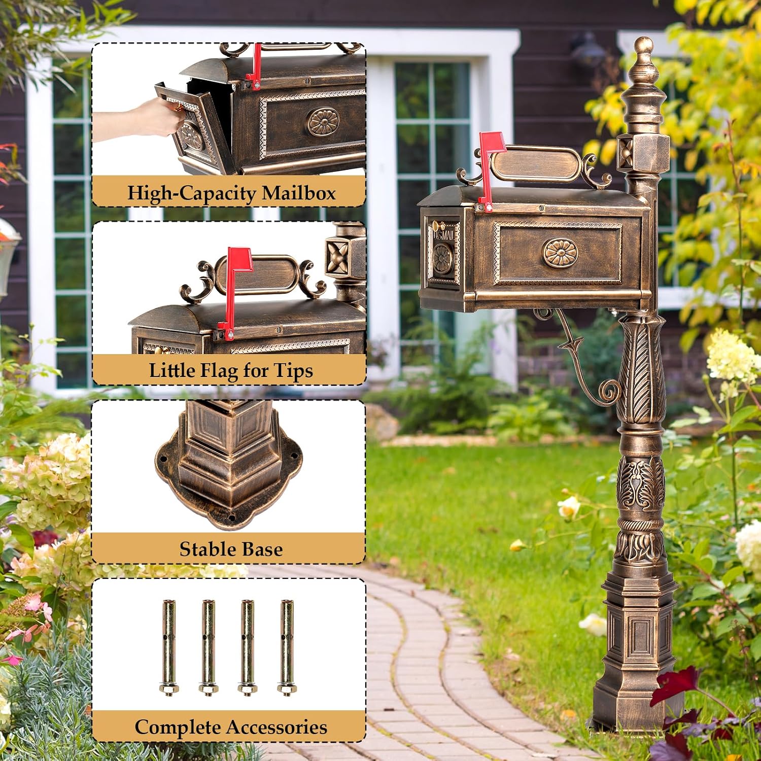Large Metal Mailbox with Post for Outside Combo, Side Mount with Stand Outgoing Signal Flag & Address Plaque Heavy Duty Cast Aluminum Antique Bronze Vintange Mail Box Sturdy Base 22.4' x 9' x 62.6'H