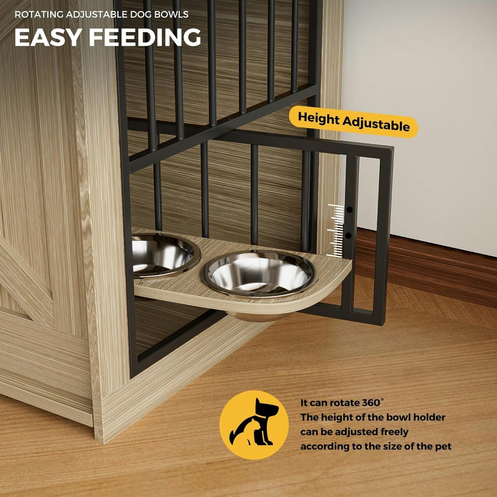 63' Double Dog Crate Furniture – Wooden Dog Kennel Indoor with Sliding Doors, Adjustable Bowls & Storage Drawers – Large Dog Crate TV Stand for 2 Dogs, Beige Wood Grain