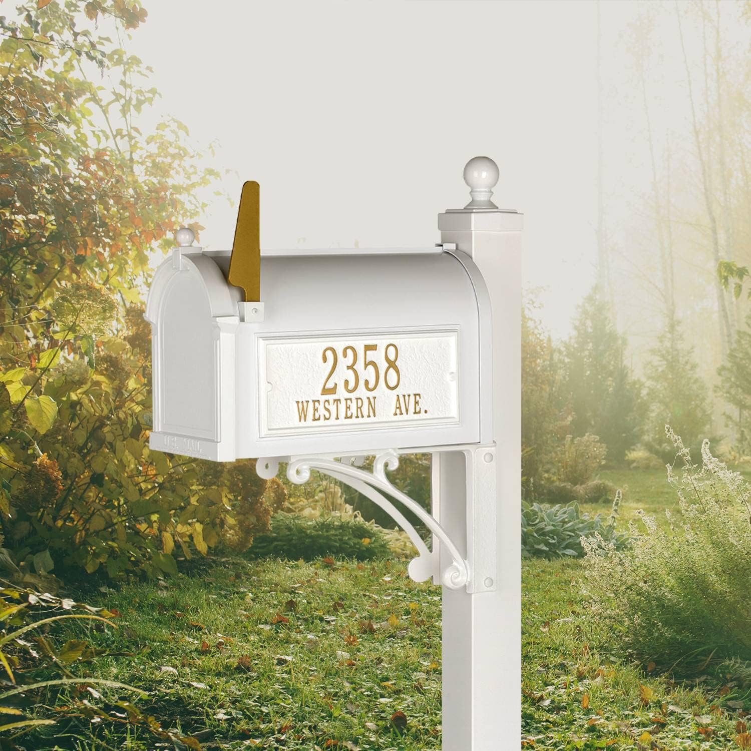 Whitehall Custom Extra Large Mailbox - Capitol Model with Address Plaque and Side Mount Post Package, Sand Cast Aluminum, White Personalized in Goldtone
