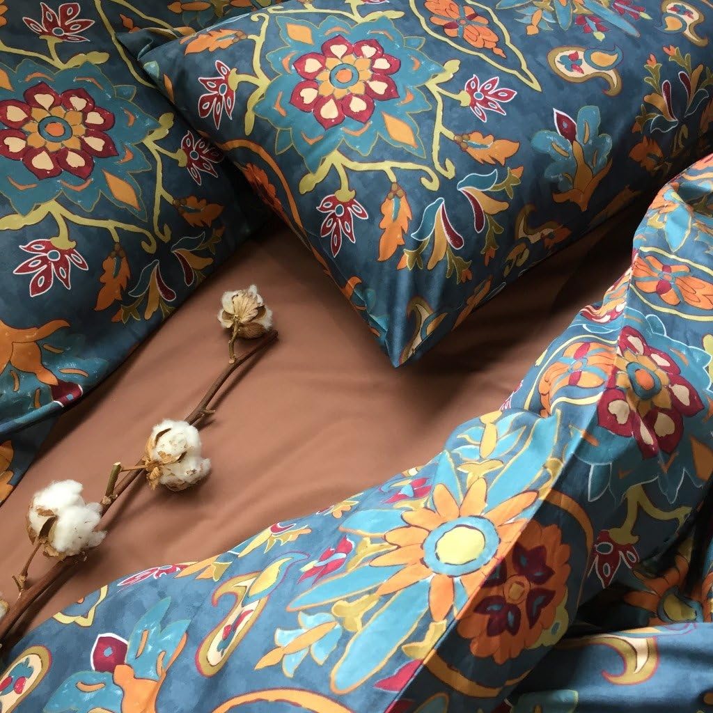 Eikei Damask Medallion Duvet Cover Set, Egyptian Cotton Sateen, 400 Thread Count, Bohemian Pattern (King)