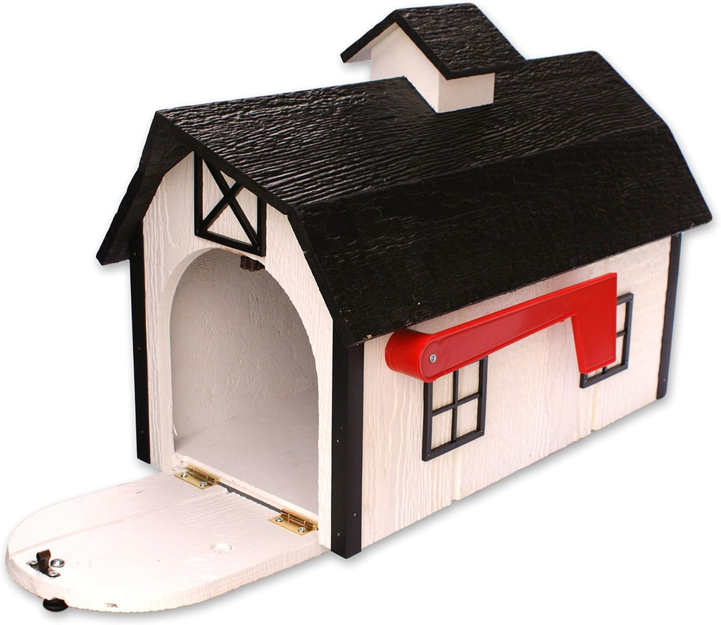 AmishToyBox Deluxe Wooden Mailbox, Dutch Barn Style with Rustic Cupola (White with Black Trim), Amish-Made
