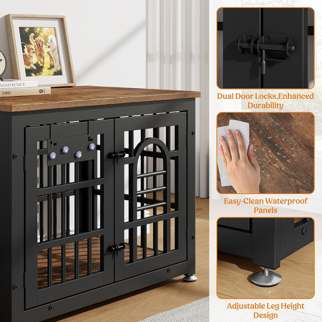 Lulive Dog Crate Furniture 31.5' Wooden Dog Kennel Table with Bowls Heavy Duty Dog Crates for Small/Medium/Large Dogs, Dog Kennel Furniture Indoor as TV Stand End Table,Brown