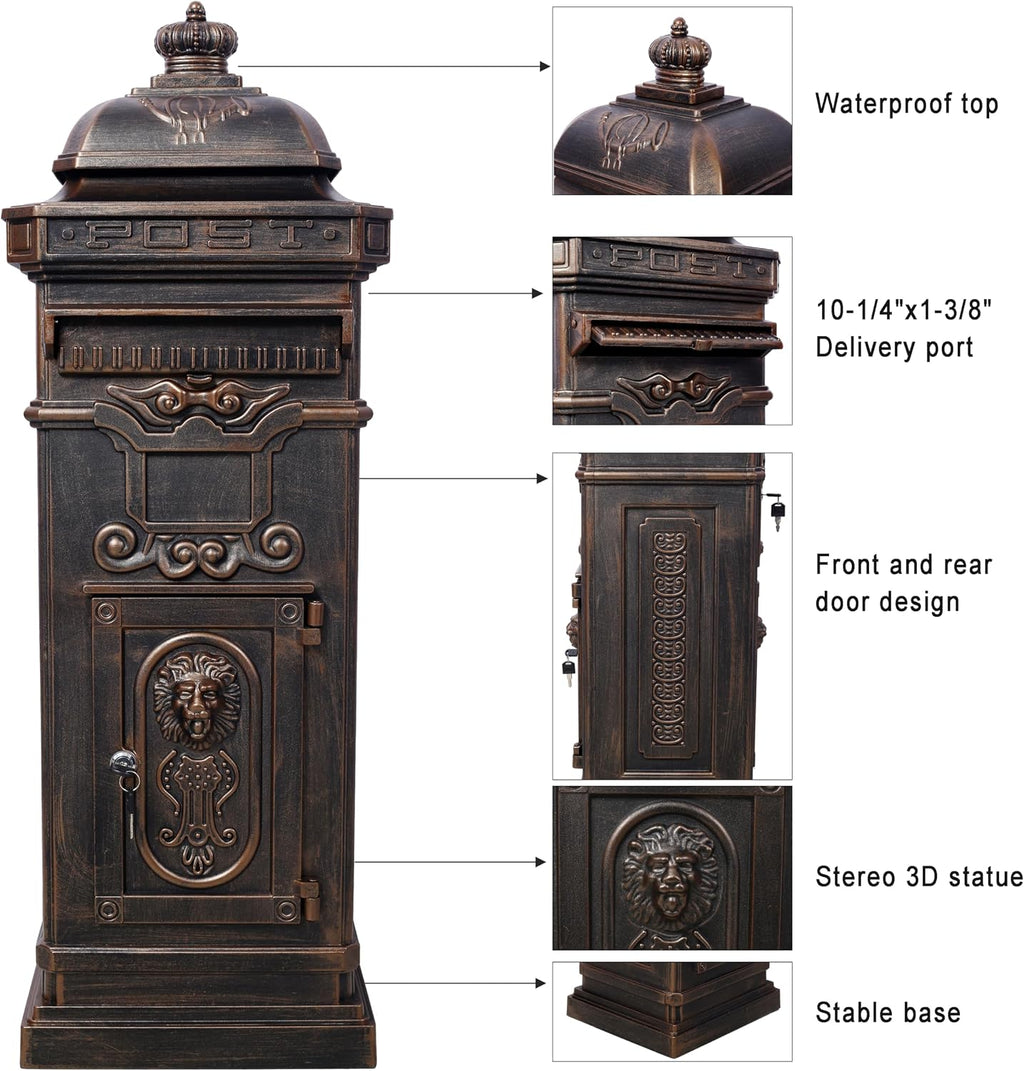 Copper Mailbox, Large Lockable Package Drop Box with Roman Statue, Rustproof Cast Aluminum Mail Boxes for Outside, Vintage Post-Mount Design, Weatherproof & Elegant Garden Letter Box (Bronze)
