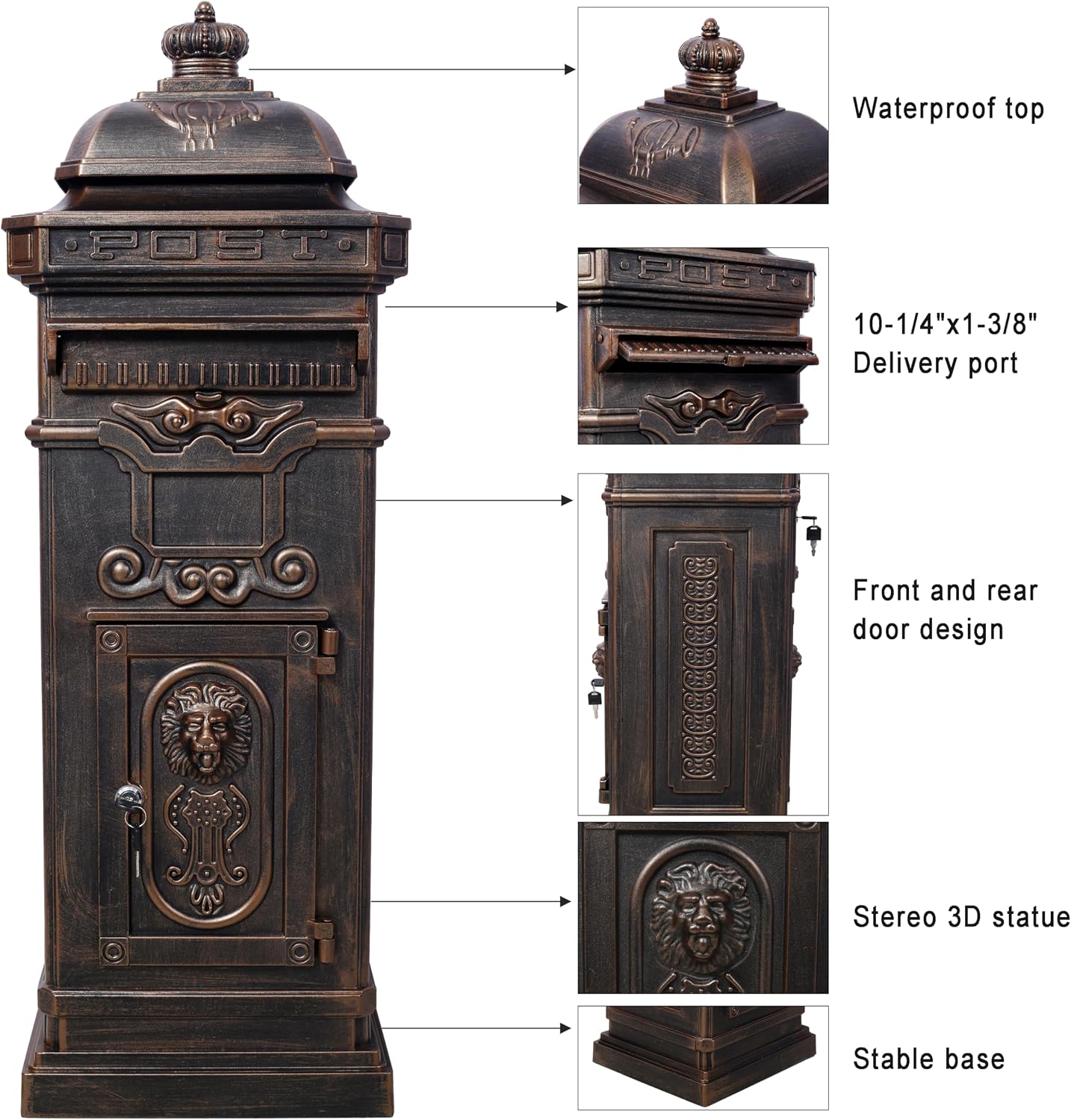 Copper Mailbox, Large Lockable Package Drop Box with Roman Statue, Rustproof Cast Aluminum Mail Boxes for Outside, Vintage Post-Mount Design, Weatherproof & Elegant Garden Letter Box (Bronze)