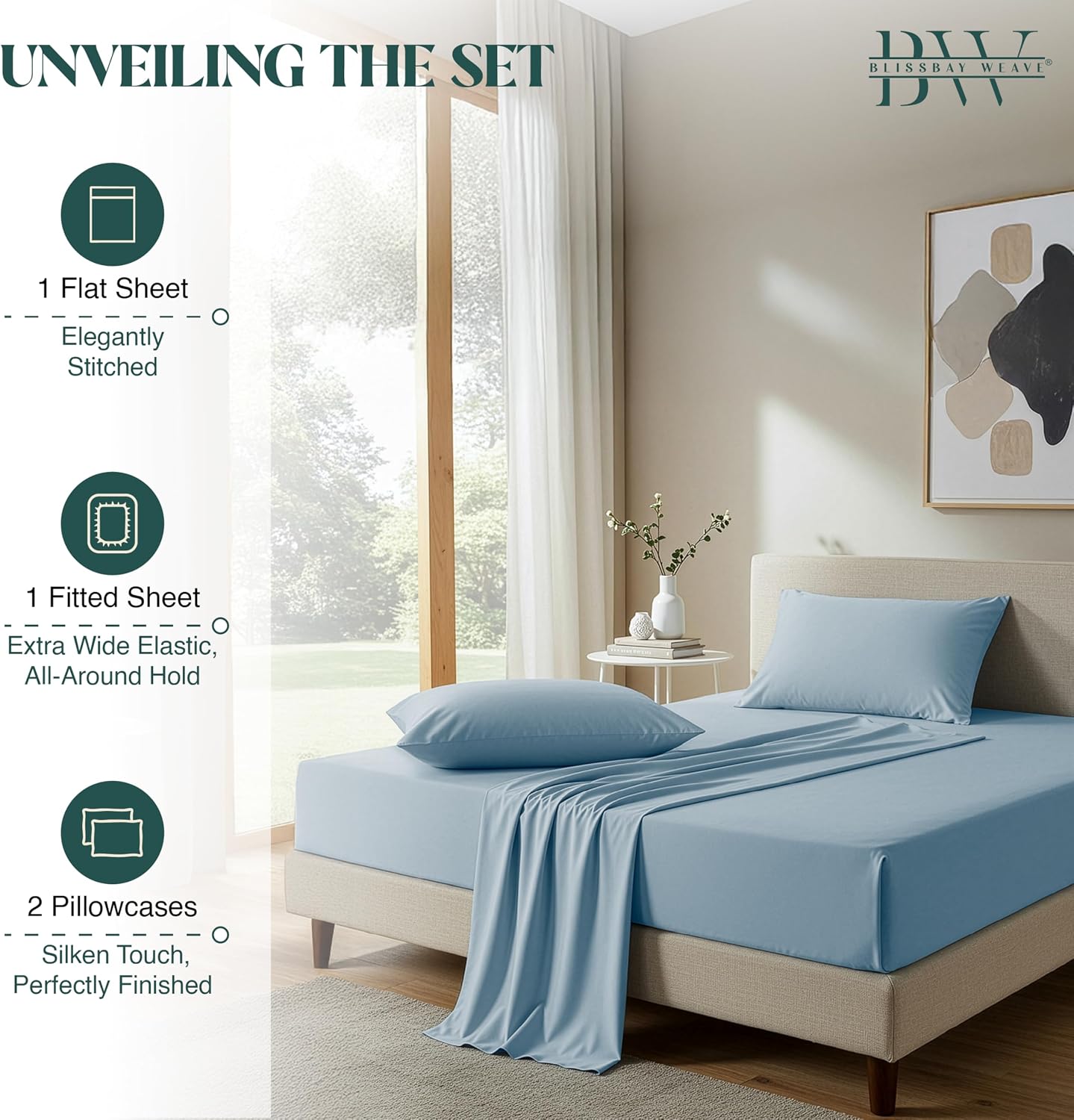 100% Egyptian Cotton Sheet Set Queen Size 4 PCs Sateen Cooling Soft Wrinkle Resistant 18 inches Deep Pocket | 1 Fitted Sheet, 1 Flat Sheet, 2 Pillowcases | Light Blue