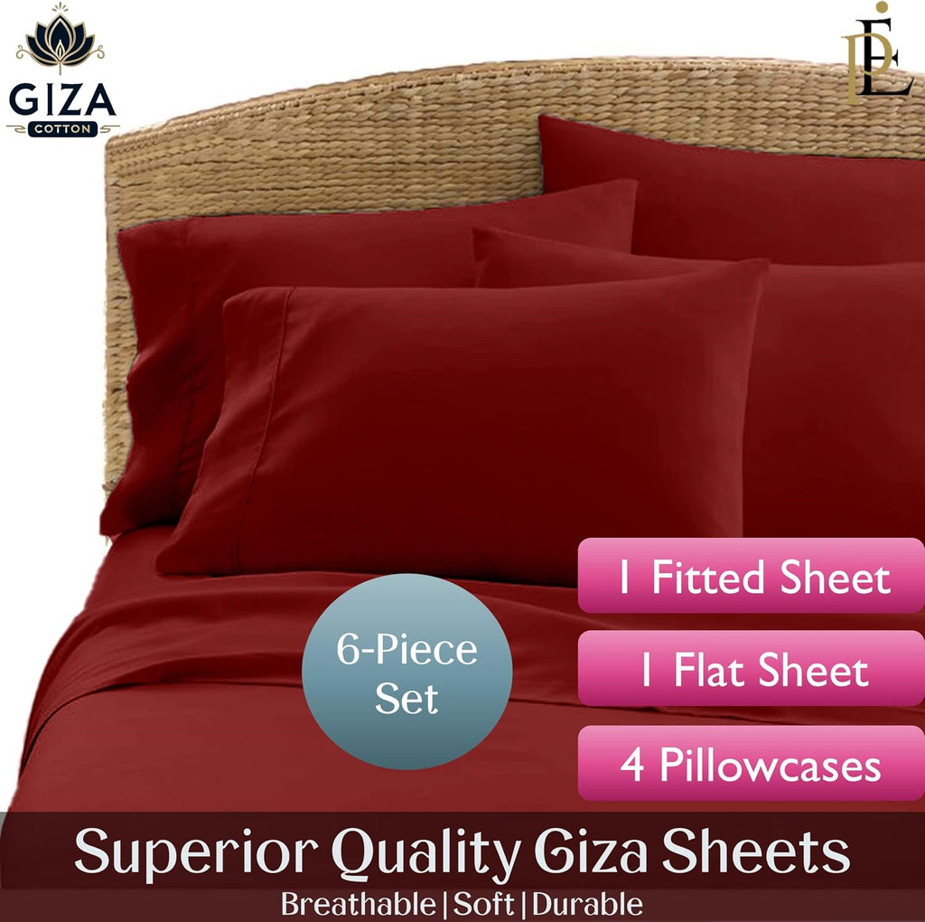 100% Giza Cotton, 1000 Thread Count, 6-PC Bed Sheet Set [Queen Size, Burgundy Color] 18 inches Deep Pockets, Long Staple Cotton Breathable Soft Silky Sateen Weave