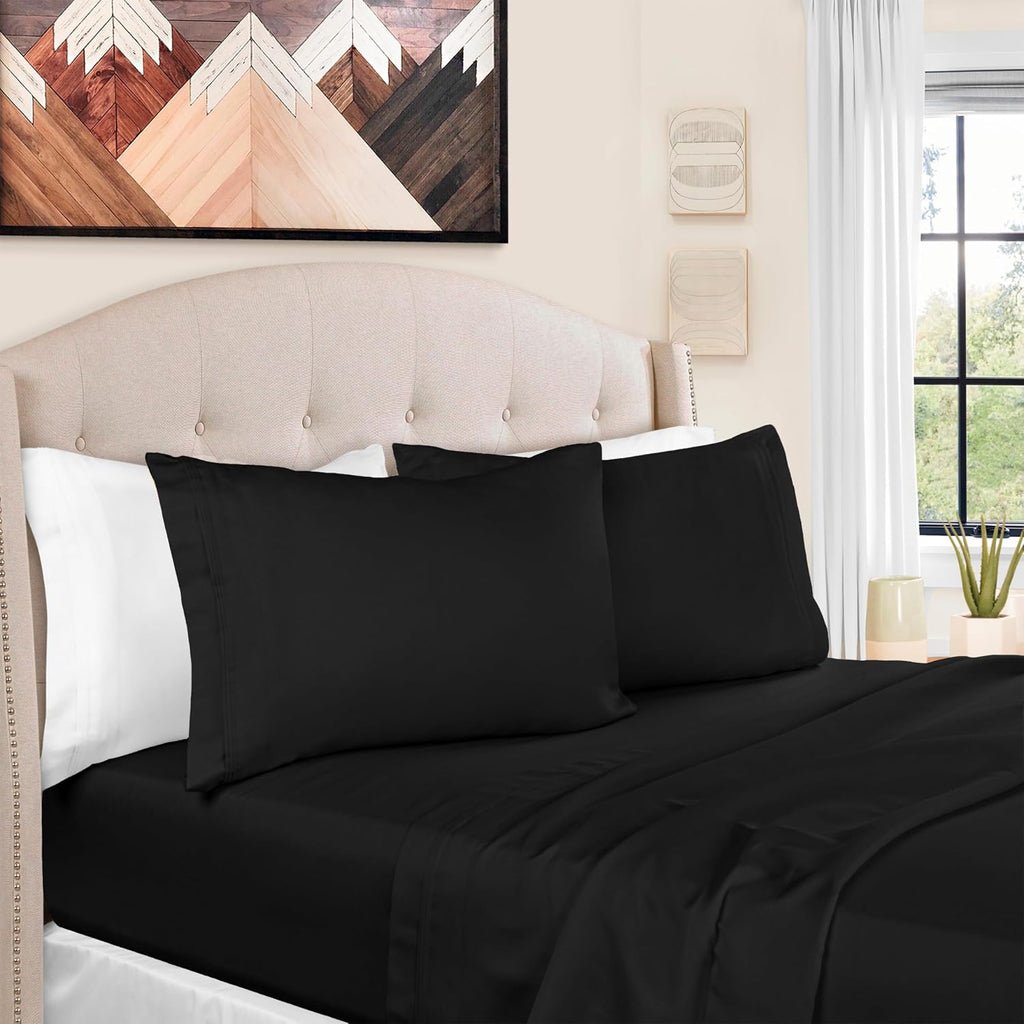 Superior Egyptian Cotton 4 Piece Sheet Set, Luxury 1500 Thread Count, Modern Design, Sustainable Sheets, Ultra-Soft Basics, Solid, Deep Pocket Fitted Sheet, Flat Sheet, Pillowcases, King, Black