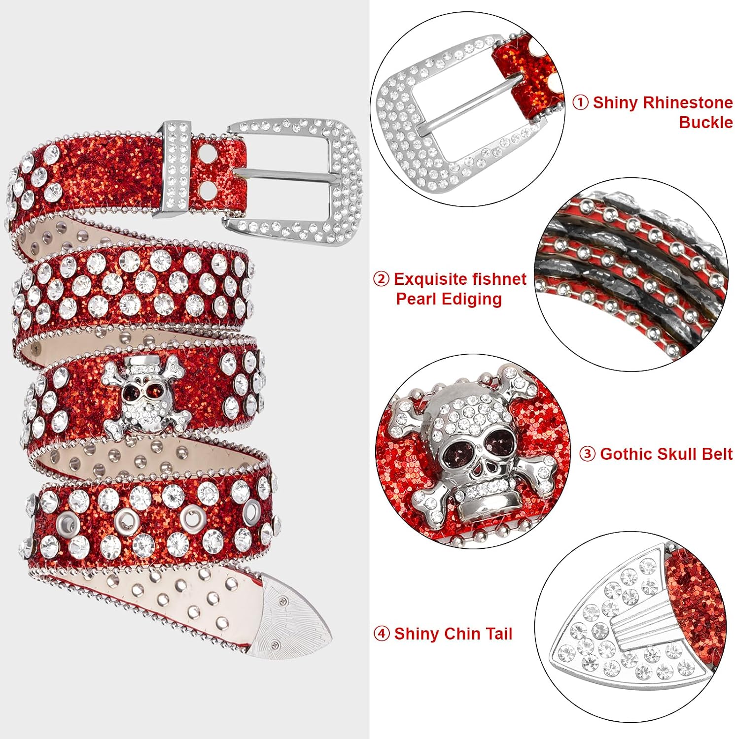 Rhinestone Skull Belt for Men, Genuine Leather belts, Bling Western Studded Y2K Leather Belt