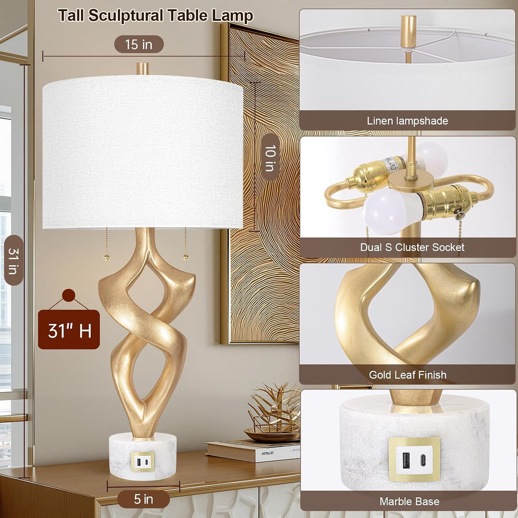 Scenekoy Sculptural Resin Table Lamp Set of 2 with USB Ports for Bedroom Living Room, 31' Big Gold Leaf Marble Base Bedside Lamps, Pull Chains Switch Modern Nightstand Lamp for Home Room Decor