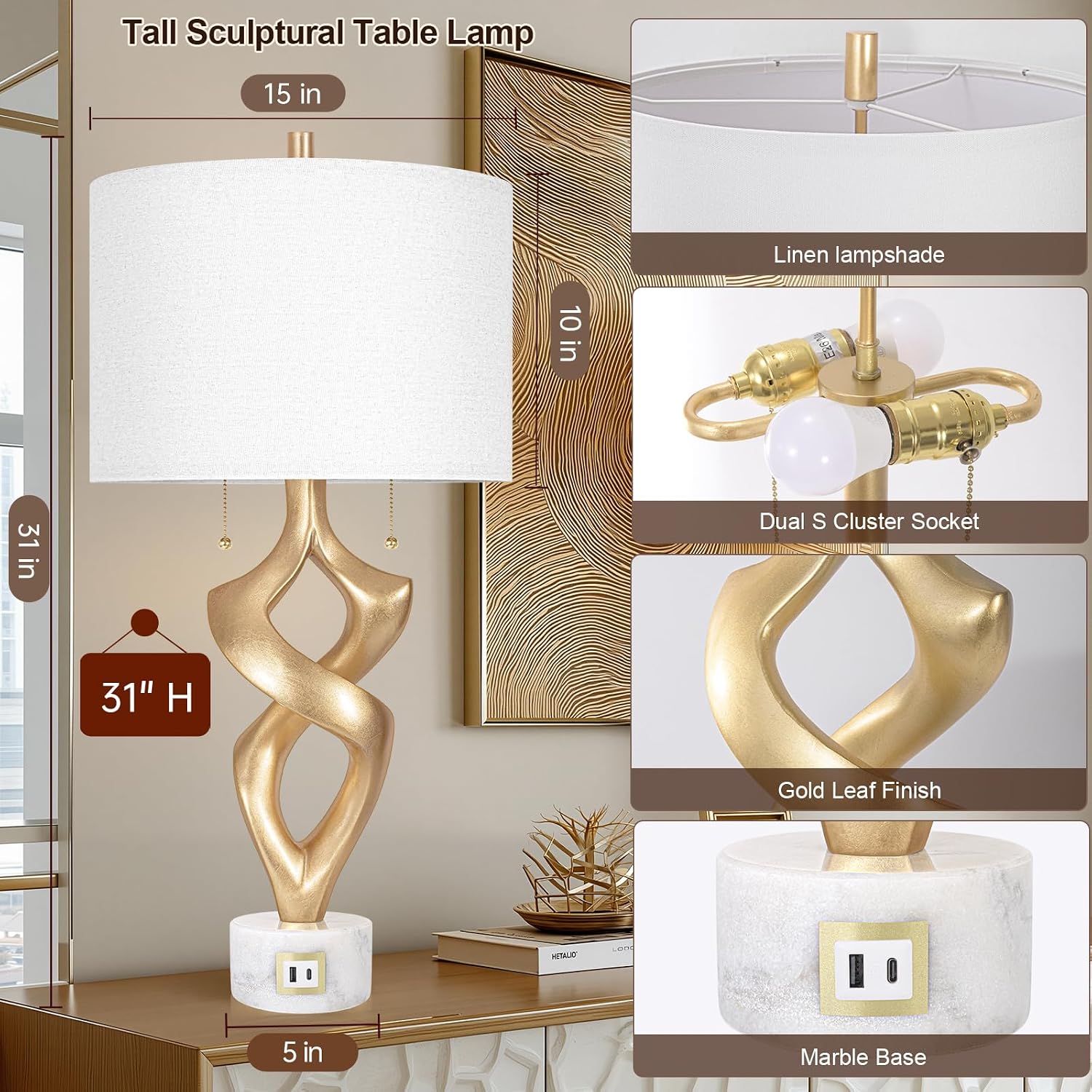 Scenekoy Sculptural Resin Table Lamp Set of 2 with USB Ports for Bedroom Living Room, 31' Big Gold Leaf Marble Base Bedside Lamps, Pull Chains Switch Modern Nightstand Lamp for Home Room Decor