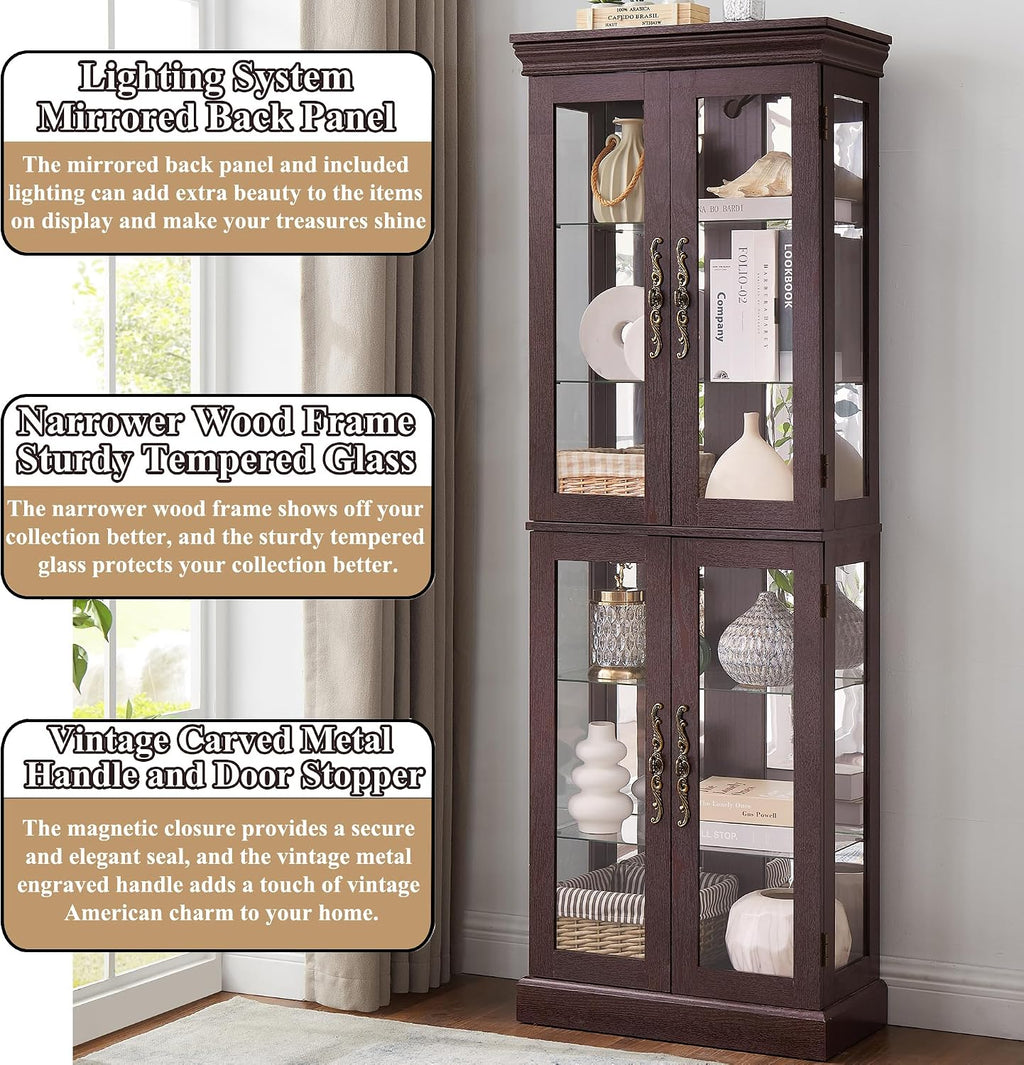 71' H Lighted Curio Cabinet Display Case, Glass Curio Cabinets with Adjustable Shelves and Tempered Glass Door, Wooden Cabinet w/Mirrored Back Pane for Living Room (Dark Cherry)