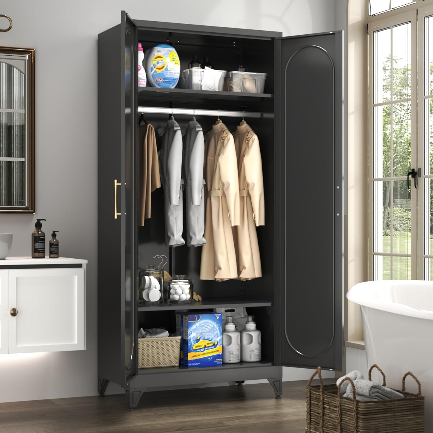 Metal Armoire Wardrobe Closet with 2 Doors, 71' Black Wardrobe Cabinet with Hanging Rod and Adjustable Shelves, Tall Clothing Storage Cabinets for Bedroom, Laundry Room, Home Office