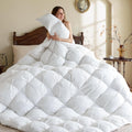 KAKABELL Pinch Pleat Goose Down Feathers Fiber Comforter Cal King Size All Season-Ultra Soft and Cozy Noiseless Duvet Insert with Egyptian Cotton Blend Cover,Fluffy Warm Comforter (White,98'X108')