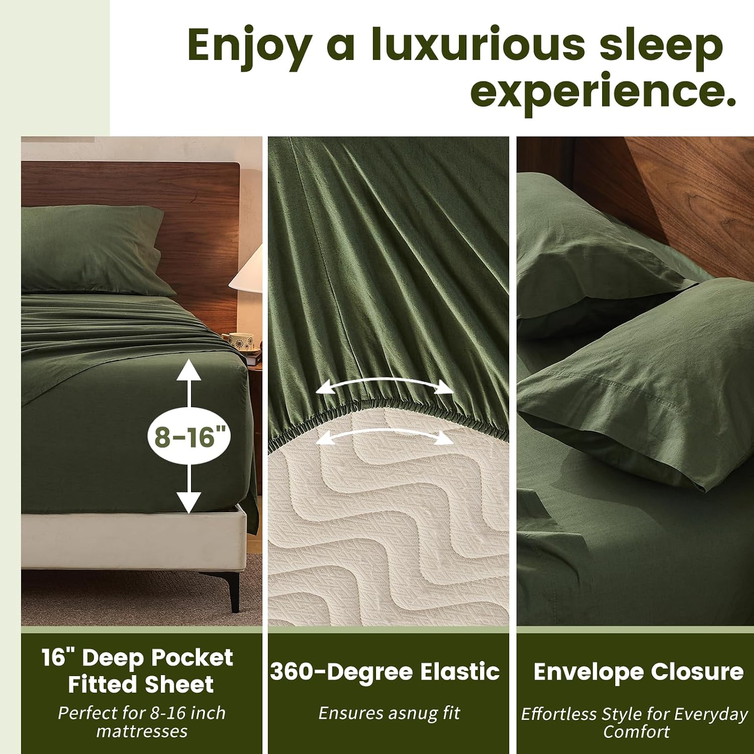 100% Linen Sheets Queen Size,Breathable & Durable 4-Piece Bed Flax Sheet Set,Soft All-Season Bedding for Hot Sleepers 16' Deep Pocket Oeko-TEX Certified,（Queen, Forest Green）