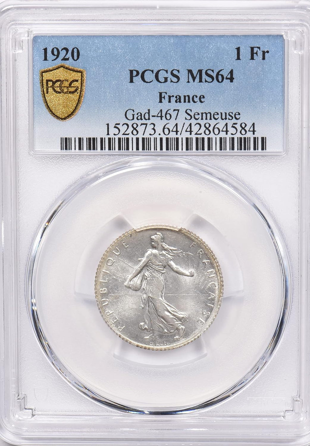 Collectible Coin France 1920 Franc PCGS MS 64 rare condition Gad-467 Semeuse PC1219