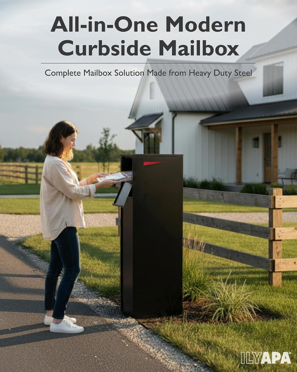 Modern Mailbox with Post - Residential Mailboxes for Outside Post Mount, Large Mail Box and Posts Combo Kit with Newspaper Package Slot, Magnetic Door, Powder Coated, Works with 4x4 or 6X6 Wood