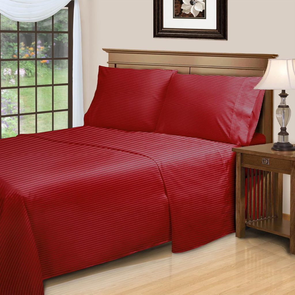 Superior Egyptian Cotton 300 Thread Count Bed Sheet Set, 2 Elastic Deep Pocket Fitted Sheets, 1 Flat Sheet, 2 Pillowcases, Daily Sheets, Luxury Home Essentials, Striped, Split King, Burgundy