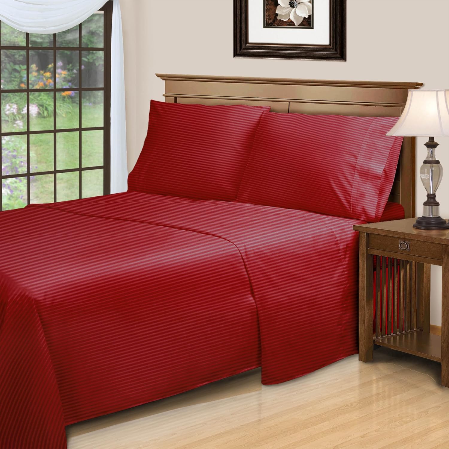 Superior Egyptian Cotton 300 Thread Count Bed Sheet Set, 2 Elastic Deep Pocket Fitted Sheets, 1 Flat Sheet, 2 Pillowcases, Daily Sheets, Luxury Home Essentials, Striped, Split King, Burgundy