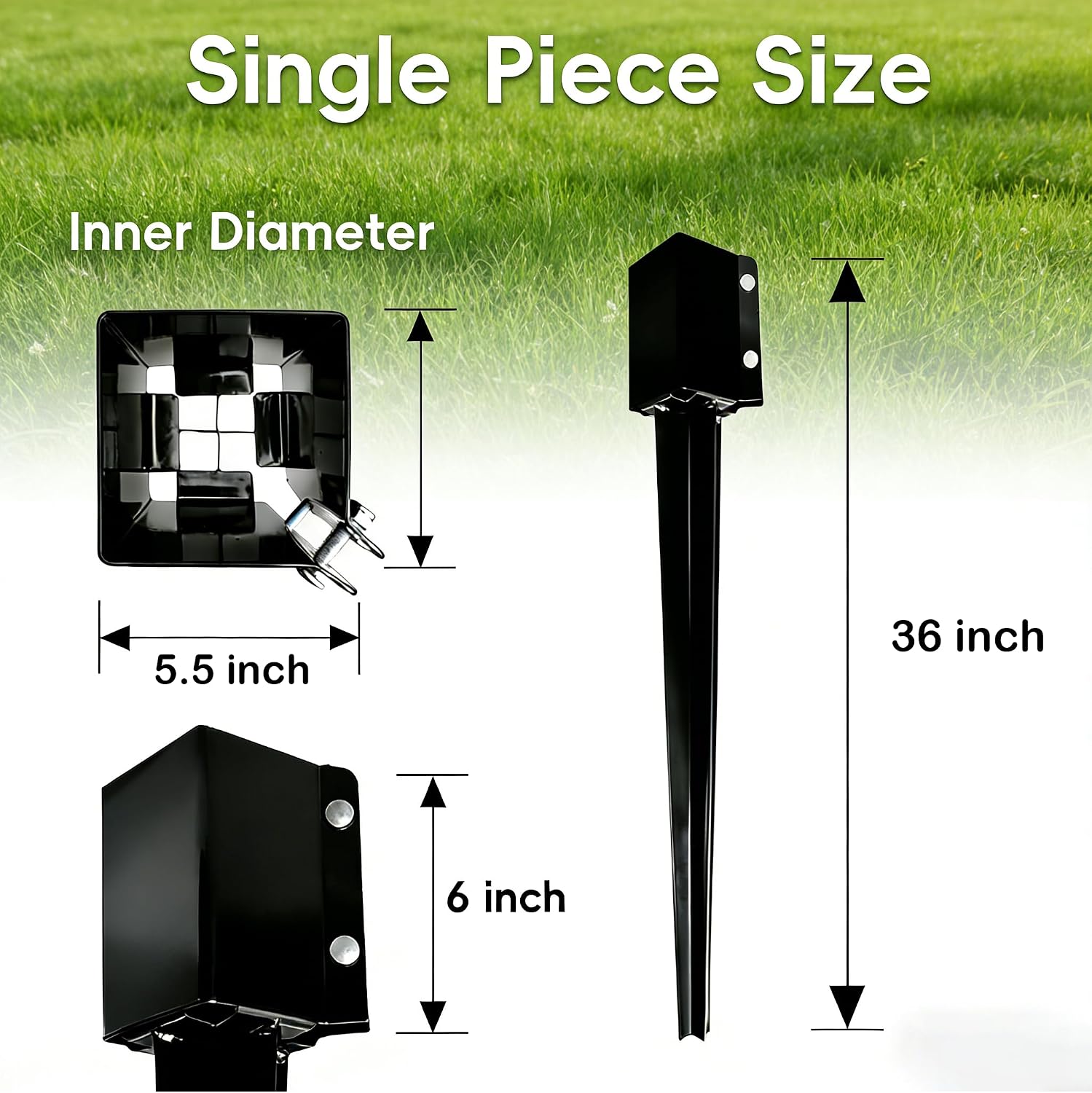 4 Pack 36'' Fence Post Anchor Ground Spike Metal Black Powder Coated 36 x 6 x 6 Inches Outer Diameter (Inner Diameter 5.5x5.5 Inches)