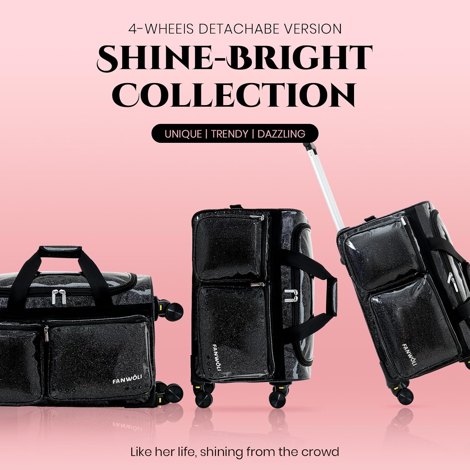 Fanwoli 23' Rolling Dance Duffel Bag with Garment Rack | Detachable 4-Spinner Wheels | Waterproof Glitter Fabric | Competition Travel Luggage for Cheerleader, Skating, Gymnast & Sleepover | Black