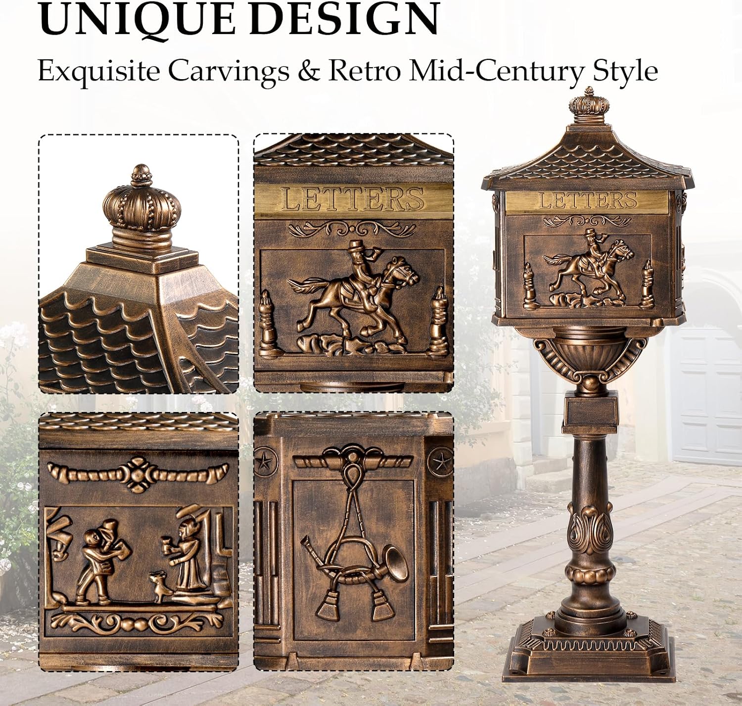 Cast Aluminum Mailbox Postal Box, Locking Mailbox for Outside with Keys, Curbside Mail Manager Outside Weatherproof Rustproof Security Post-Mount Mail Box (Antique Bronze)
