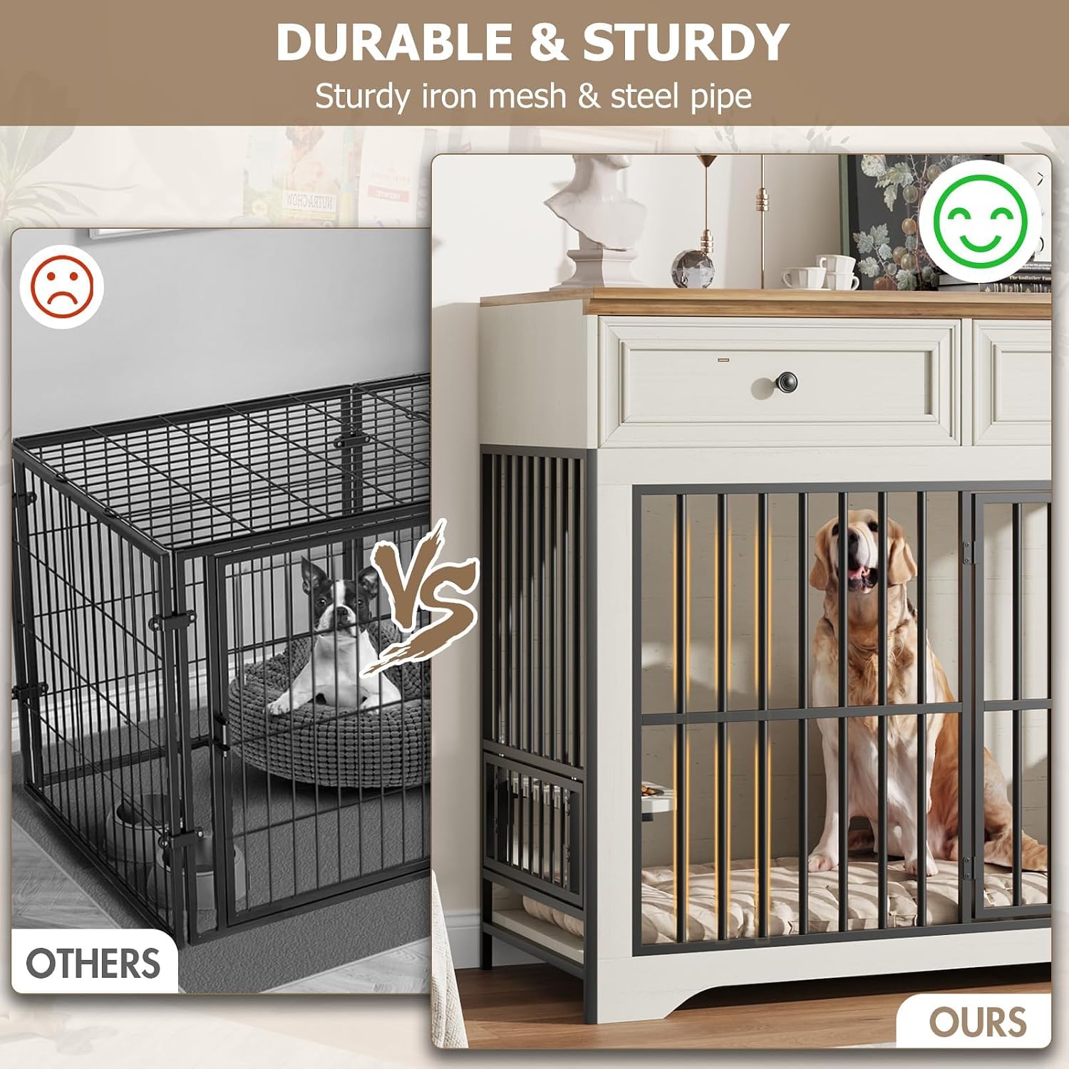 QUW 42' Modern Dog Crate Furniture, Wooden Dog Kennel for Medium to Large with 360° Rotating & 3-Levels Adjustable Height Dogs Bowl Holder, Decorative Dogs cage Pet House Indoor, Antique White