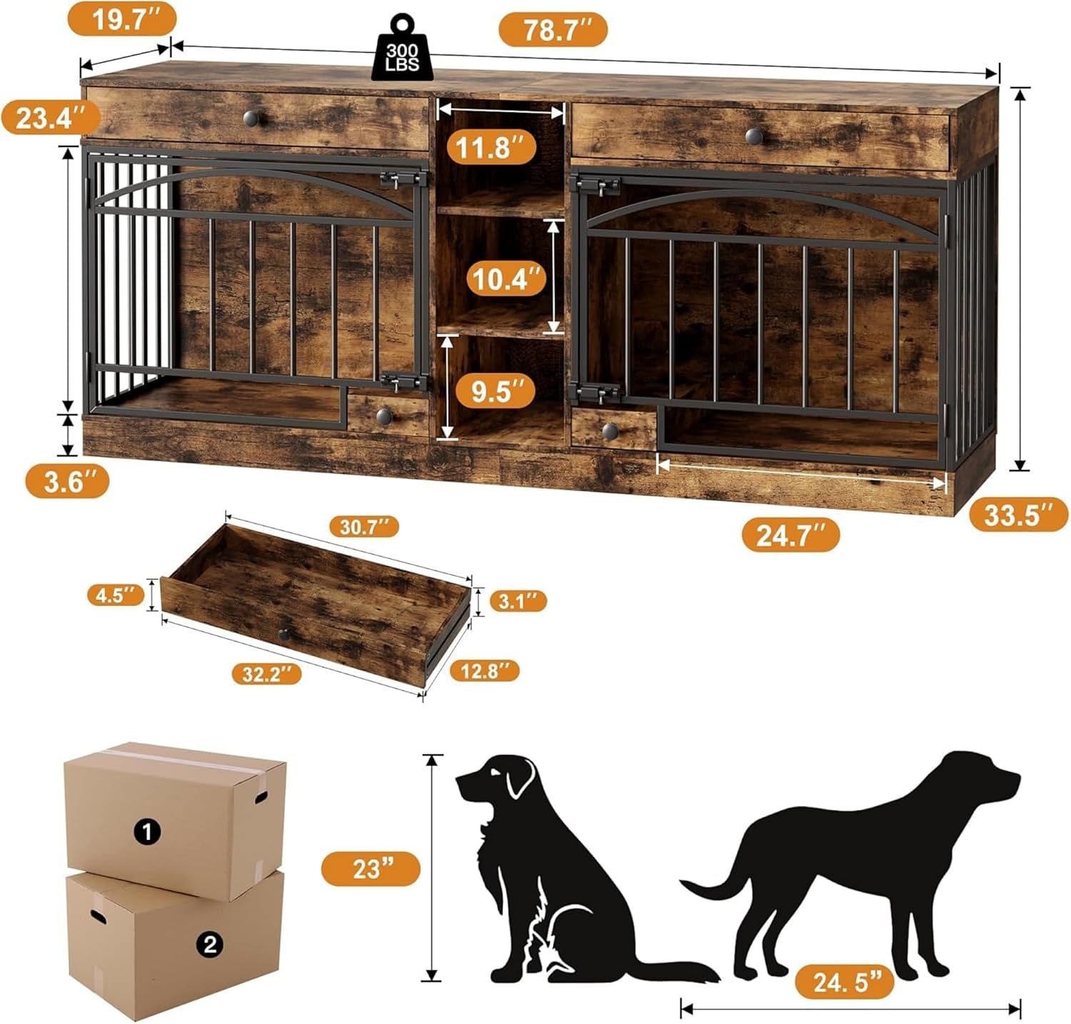 GAOMON Dog Crate Furniture for 2 Dogs, 78.7'' Large Dog Kennel Indoor with 2 Storage Drawers, 3 Shelves and Feeding Bowls, Double Dog Crate TV Stand for Small and Medium Dogs, Brown