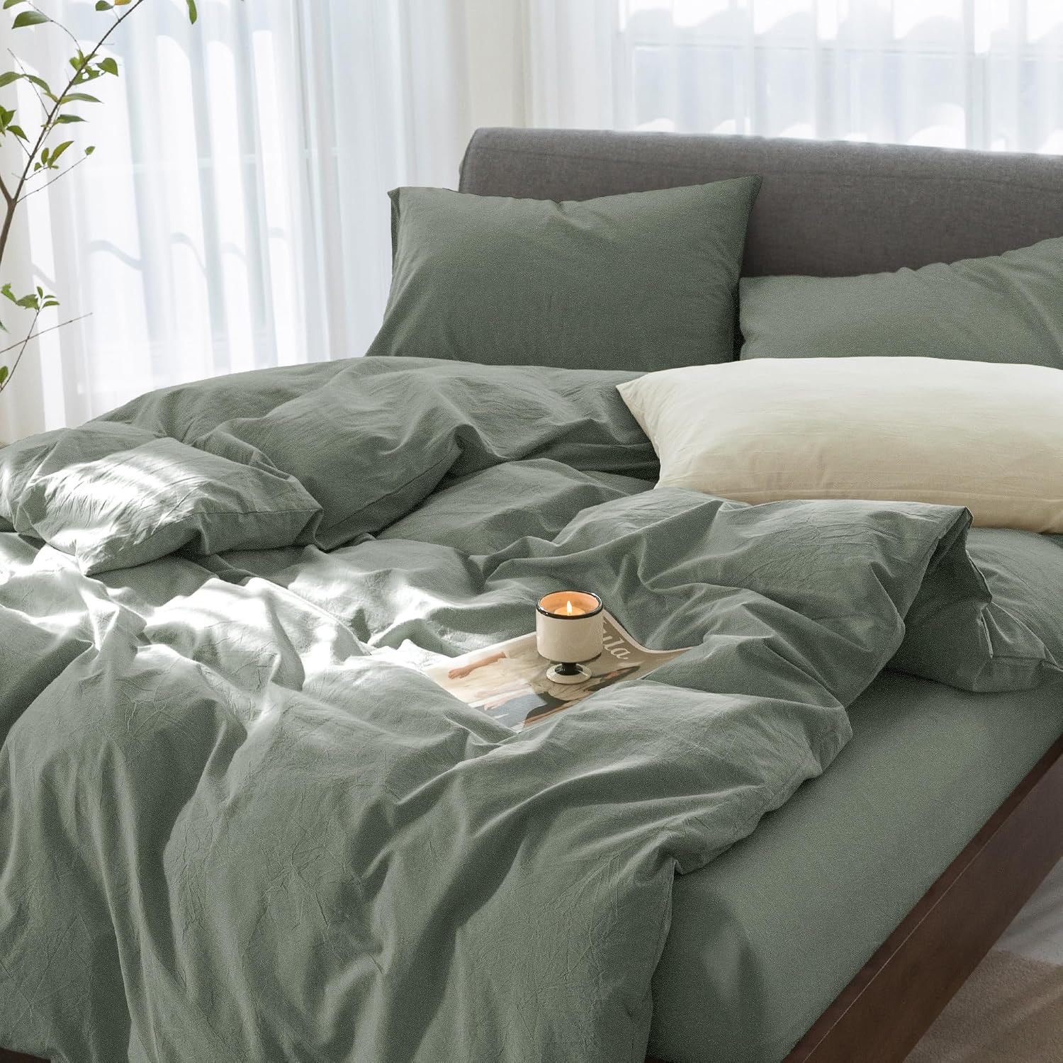 Oversized King Plus Cooling Duvet Cover Set - 3 Pieces 100% Cotton Bedding, Breathable, Crisp Linen-Like Texture, Naturally Soft & Gets Better，Hidden Zipper & Corner Ties – Green, 128'x120'