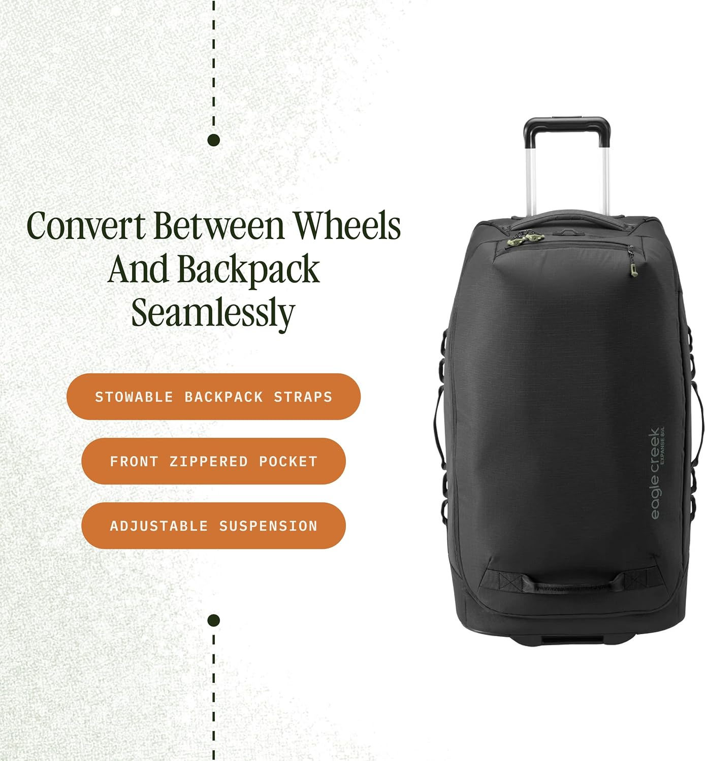 Eagle Creek Expanse 2-Wheel 29' Convertible Luggage Durable Luggage with Backpack Straps Water-Resistant, Expandable, Lockable Zippers Travel Gear Hauler - Midnight Black
