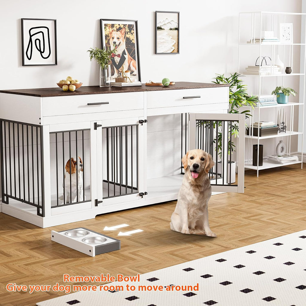 Rophefx 72' Dog Crate Furniture for 2 Dogs, Large Dog Kennel Furniture with 2 Storage Drawer and Removable Divider, Wooden Dog Cage with 4 Bowls, Indoor Dog House TV Stand for Medium Dog, White