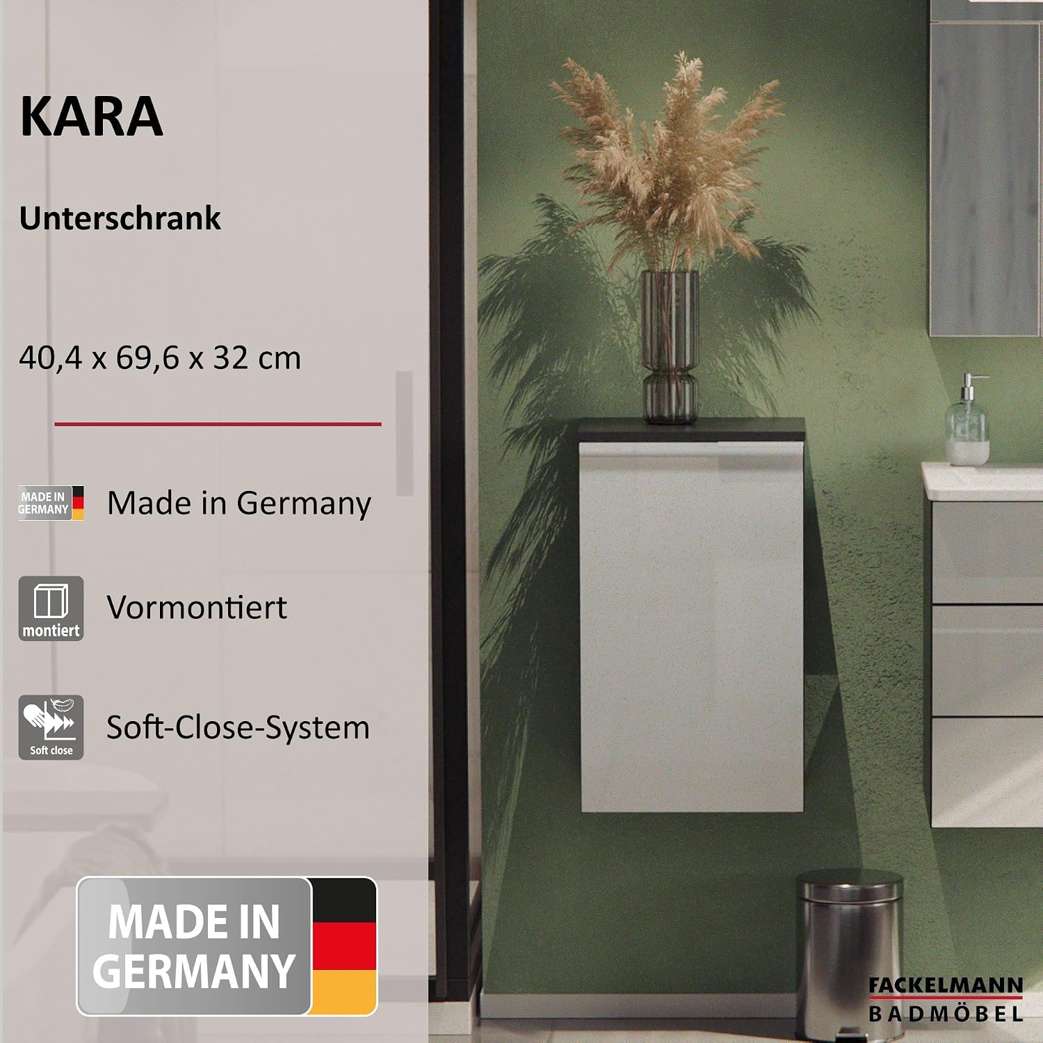 FACKELMANN Kara Bathroom Cabinet with Soft-Close System Dimensions (W x H x D): Approx. 41 x 70 x 32 cm Bathroom Cabinet/Door Hinge Left/Body: Anthracite/Front: Lacquered Glass in