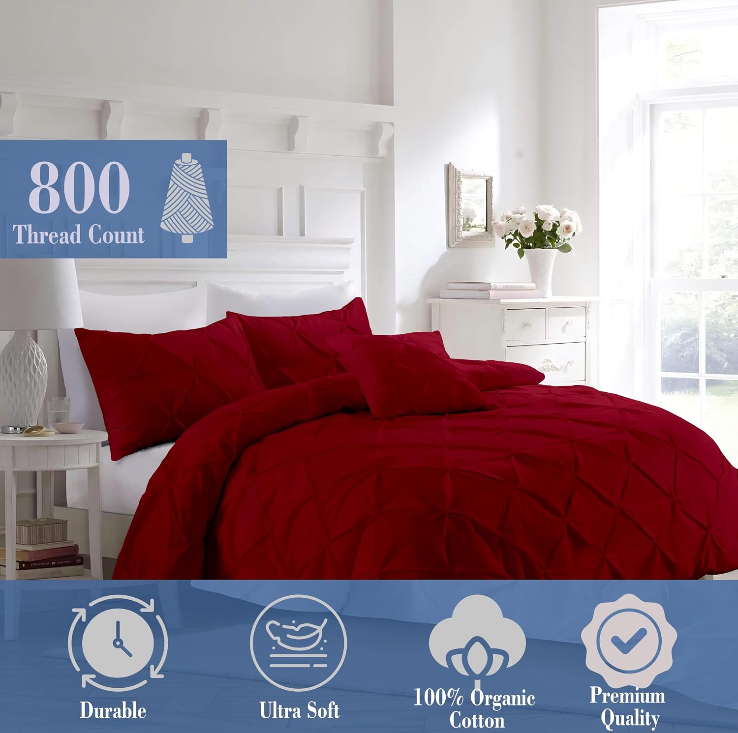 Pinch Duvet Cover Set Oversized Queen Size 1 Duvet Cover with 2 Pillow Shams 3-Pc Comforter Cover with Zipper Closure & Corner Tie 100% Egyptian Cotton Cover (98x98 Inch, Burgundy)
