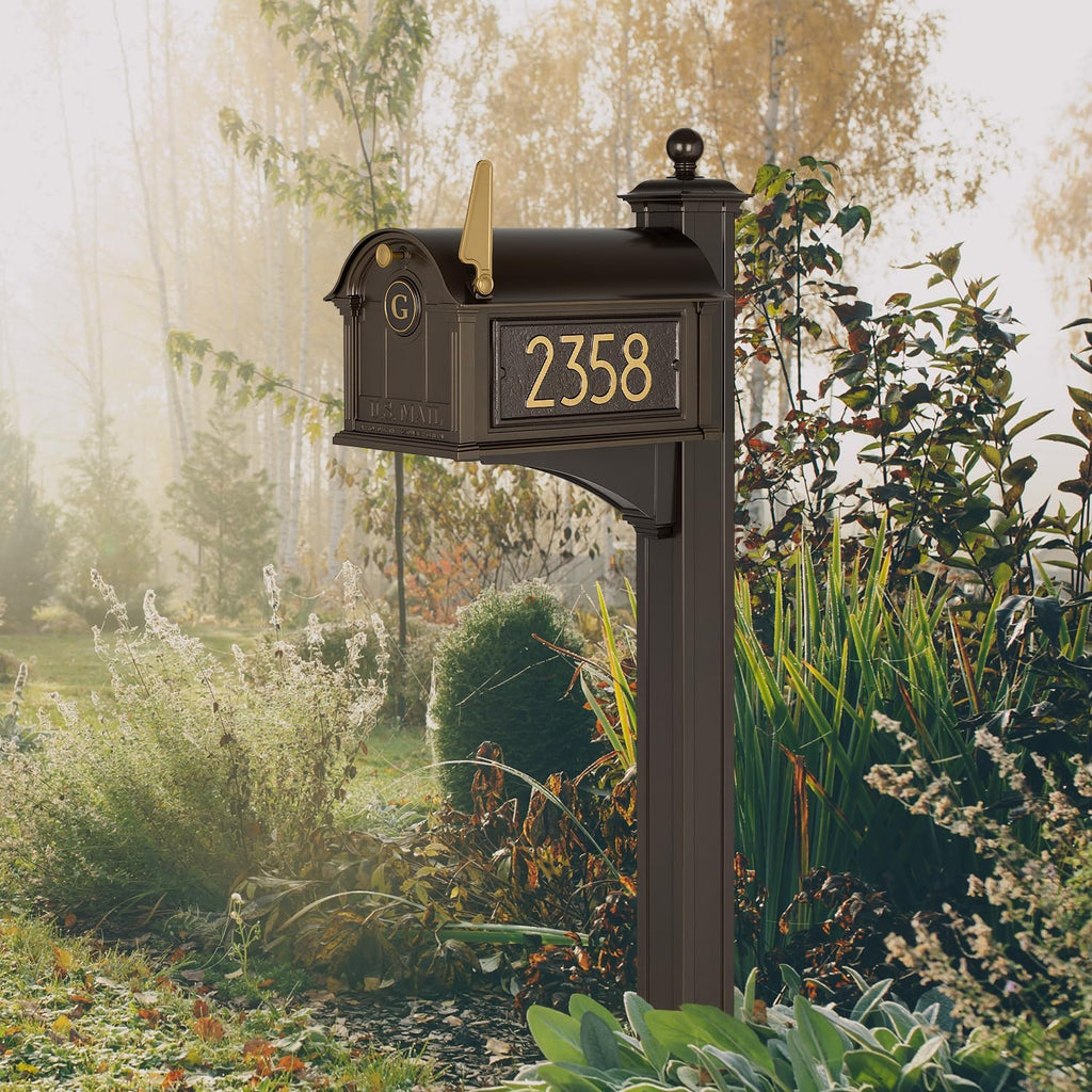 Whitehall Custom Extra Large Mailbox - Balmoral Model with Modern Style Address Plaques, Monogram and Side Mount Post Package, Sand Cast Aluminum, Bronze Personalized in Goldtone