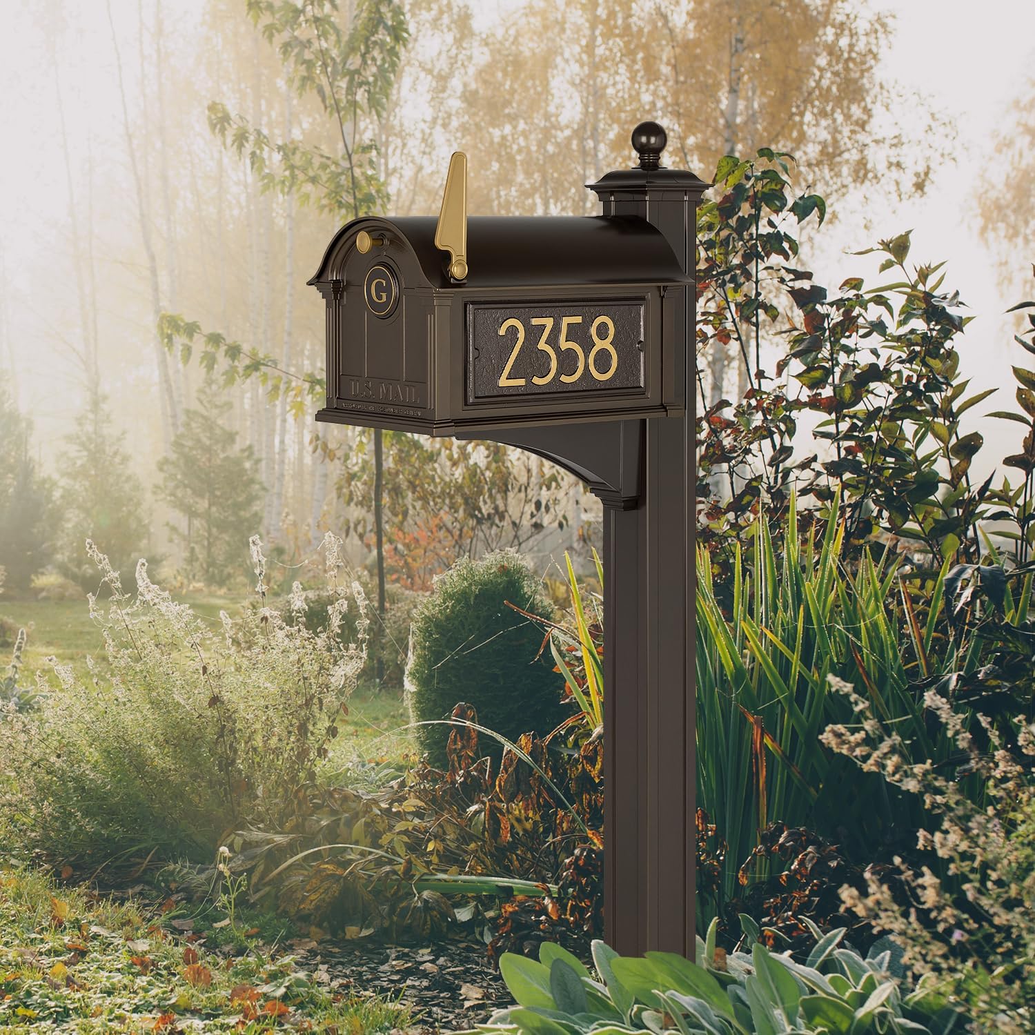 Whitehall Custom Extra Large Mailbox - Balmoral Model with Modern Style Address Plaques, Monogram and Side Mount Post Package, Sand Cast Aluminum, Bronze Personalized in Goldtone