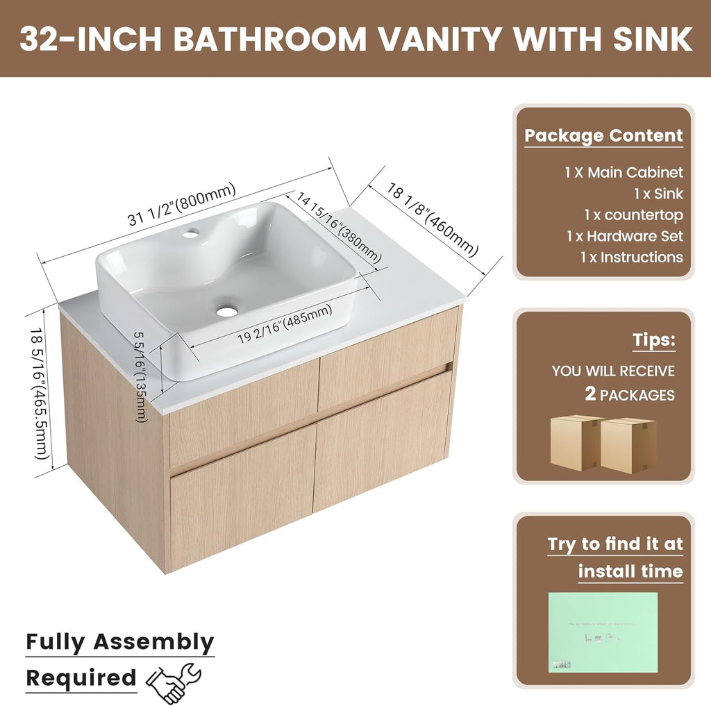 32 Inch Floating Bathroom Vanity with Sink, Modern Wall Mounted Cabinet, Ceramic Vessel Basin, 2 Soft Close Doors and 2 Drawer, White Oak