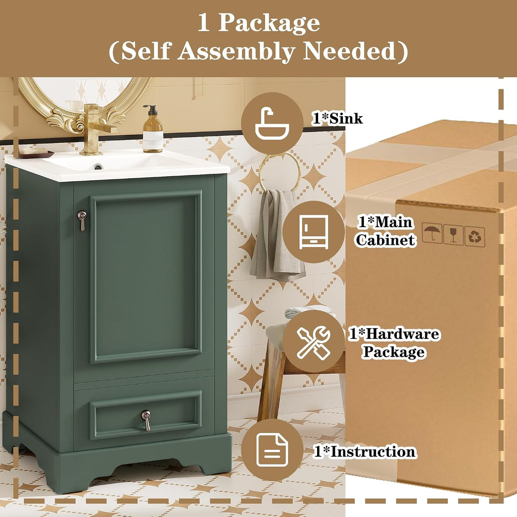 20 Inch Green Bathroom Vanity with Ceramic Sink and 1 Divider Drawer, Modern Bathroom Cabinet with Adjustable Shelf, Over Door Storage Rack and Soft Close Door