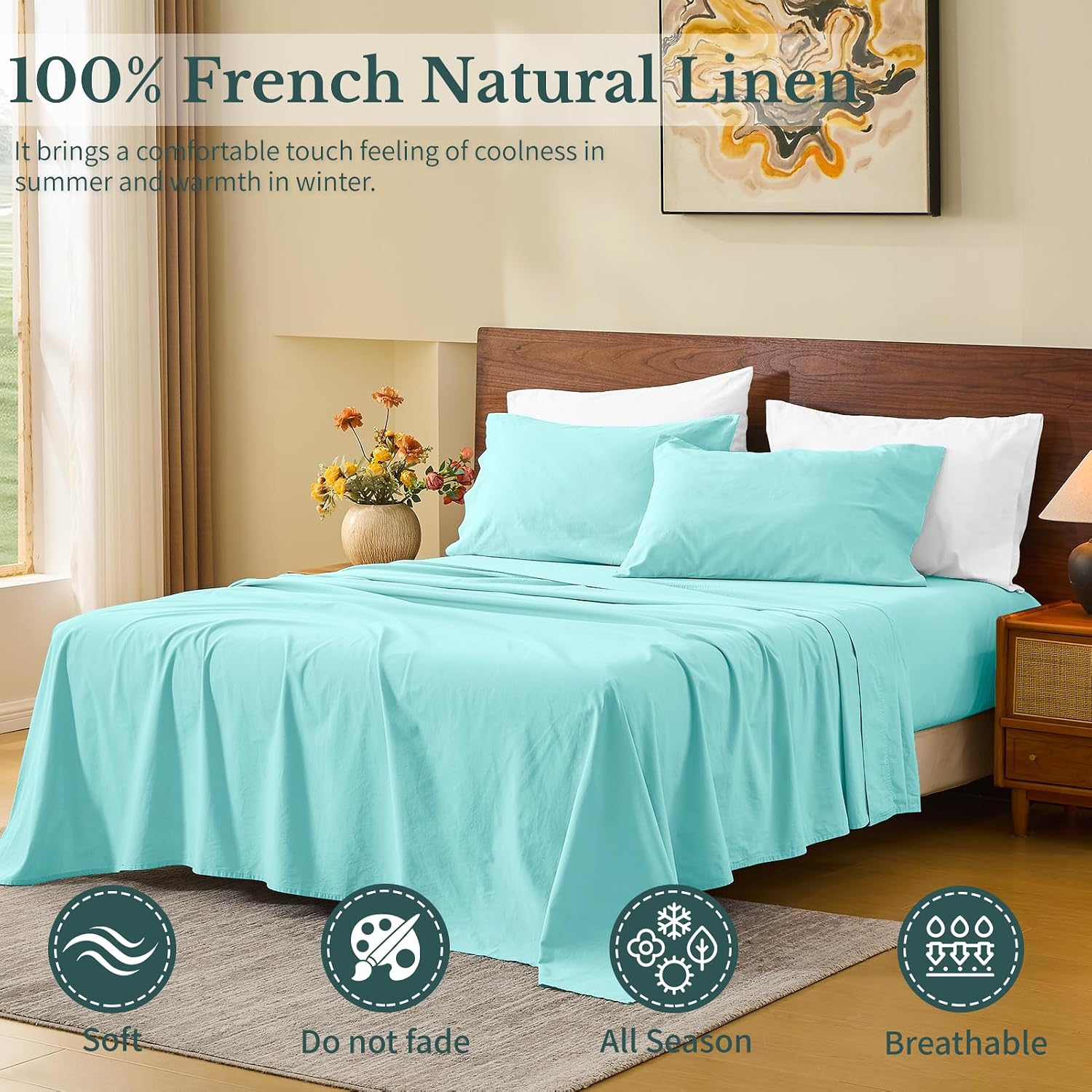 MEISHANG 100% French Pure Linen Sheets Queen Size - Bed Sheets 4 Piece Sets, Soft Durable Flax Linen, Anti-Tear Breathable Moisture Wicking with 16' Deep Pocket (Light Blue)