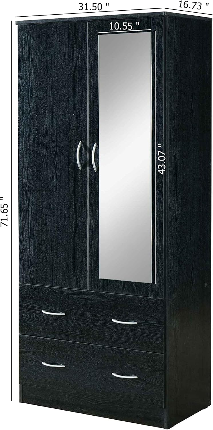 HODEDAH 2 Door Wood Wardrobe Bedroom Closet with Clothing Rod inside Cabinet, 2 Drawers for Storage and Mirror, Black